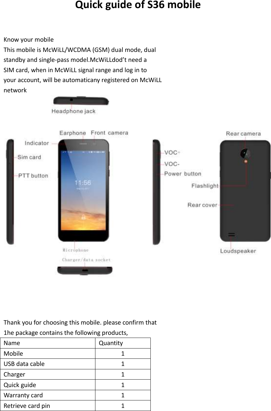   Quick guide of S36 mobile   Know your mobile This mobile is McWiLL/WCDMA (GSM) dual mode, dual standby and single-pass model.McWiLLdod’t need a SIM card, when in McWiLL signal range and log in to your account, will be automaticany registered on McWiLL network    Thank you for choosing this mobile. please confirm that 1he package contains the following products, Name Quantity Mobile 1 USB data cable 1 Charger 1 Quick guide 1 Warranty card 1 Retrieve card pin 1  