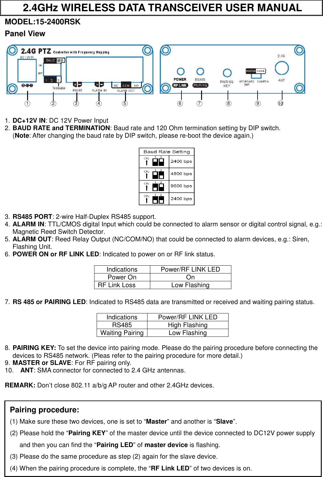 2.4GHz WIRELESS DATA TRANSCEIVER USER MANUAL MODEL:15-2400RSK   Panel View    ○1      ○2     ○3     ○4      ○5               ○6        ○7       ○8       ○9     ○10  1. DC+12V IN: DC 12V Power Input 2. BAUD RATE and TERMINATION: Baud rate and 120 Ohm termination setting by DIP switch. (Note: After changing the baud rate by DIP switch, please re-boot the device again.)    3. RS485 PORT: 2-wire Half-Duplex RS485 support. 4. ALARM IN: TTL/CMOS digital Input which could be connected to alarm sensor or digital control signal, e.g.: Magnetic Reed Switch Detector. 5. ALARM OUT: Reed Relay Output (NC/COM/NO) that could be connected to alarm devices, e.g.: Siren, Flashing Unit. 6. POWER ON or RF LINK LED: Indicated to power on or RF link status.     Indications  Power/RF LINK LED Power On    On RF Link Loss  Low Flashing  7. RS 485 or PAIRING LED: Indicated to RS485 data are transmitted or received and waiting pairing status.                            Indications  Power/RF LINK LED RS485  High Flashing   Waiting Pairing Low Flashing  8. PAIRING KEY: To set the device into pairing mode. Please do the pairing procedure before connecting the devices to RS485 network. (Pleas refer to the pairing procedure for more detail.) 9. MASTER or SLAVE: For RF pairing only.   10.  ANT: SMA connector for connected to 2.4 GHz antennas.    REMARK: Don’t close 802.11 a/b/g AP router and other 2.4GHz devices.  Pairing procedure: (1) Make sure these two devices, one is set to “Master” and another is “Slave”.   (2) Please hold the “Pairing KEY” of the master device until the device connected to DC12V power supply and then you can find the “Pairing LED” of master device is flashing.   (3) Please do the same procedure as step (2) again for the slave device. (4) When the pairing procedure is complete, the “RF Link LED” of two devices is on. 