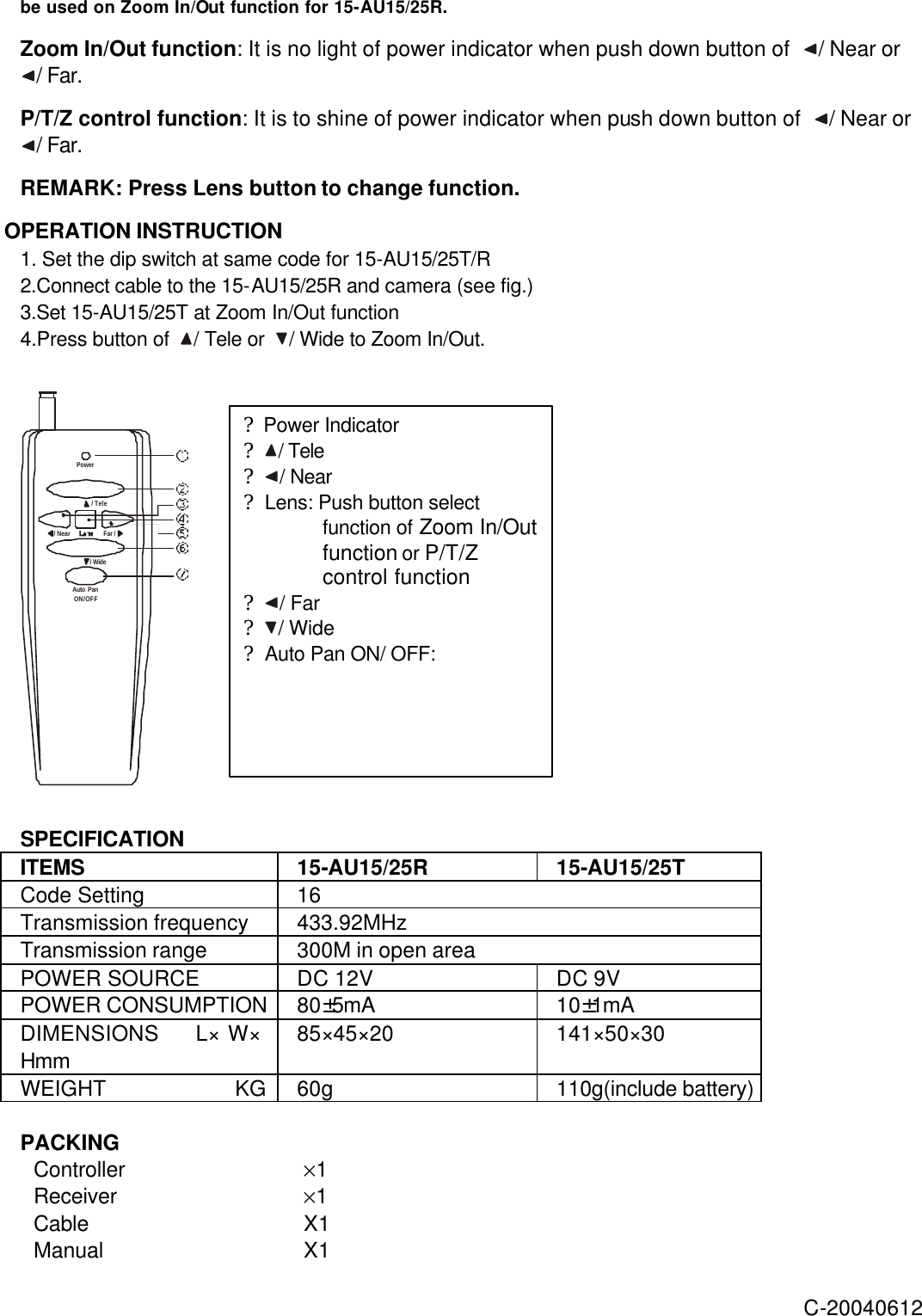 be used on Zoom In/Out function for 15-AU15/25R. Zoom In/Out function: It is no light of power indicator when push down button of  / Near or / Far. P/T/Z control function: It is to shine of power indicator when push down button of  / Near or / Far. REMARK: Press Lens button to change function. OPERATION INSTRUCTION 1. Set the dip switch at same code for 15-AU15/25T/R 2.Connect cable to the 15-AU15/25R and camera (see fig.) 3.Set 15-AU15/25T at Zoom In/Out function 4.Press button of  / Tele or  / Wide to Zoom In/Out.  / Near    Far /Power/ Tele/ WideAuto PanON/OFF  SPECIFICATION ITEMS 15-AU15/25R 15-AU15/25T Code Setting   16 Transmission frequency 433.92MHz Transmission range 300M in open area POWER SOURCE   DC 12V DC 9V POWER CONSUMPTION 80±5mA 10±1mA DIMENSIONS    L× W× Hmm 85×45×20 141×50×30 WEIGHT            KG 60g 110g(include battery)  PACKING Controller Receiver ×1 ×1 Cable Manual   X1 X1      C-20040612 ?Power Indicator ?/ Tele ?/ Near ?Lens: Push button select function of Zoom In/Out function or P/T/Z control function ?/ Far   ?/ Wide ?Auto Pan ON/ OFF:     