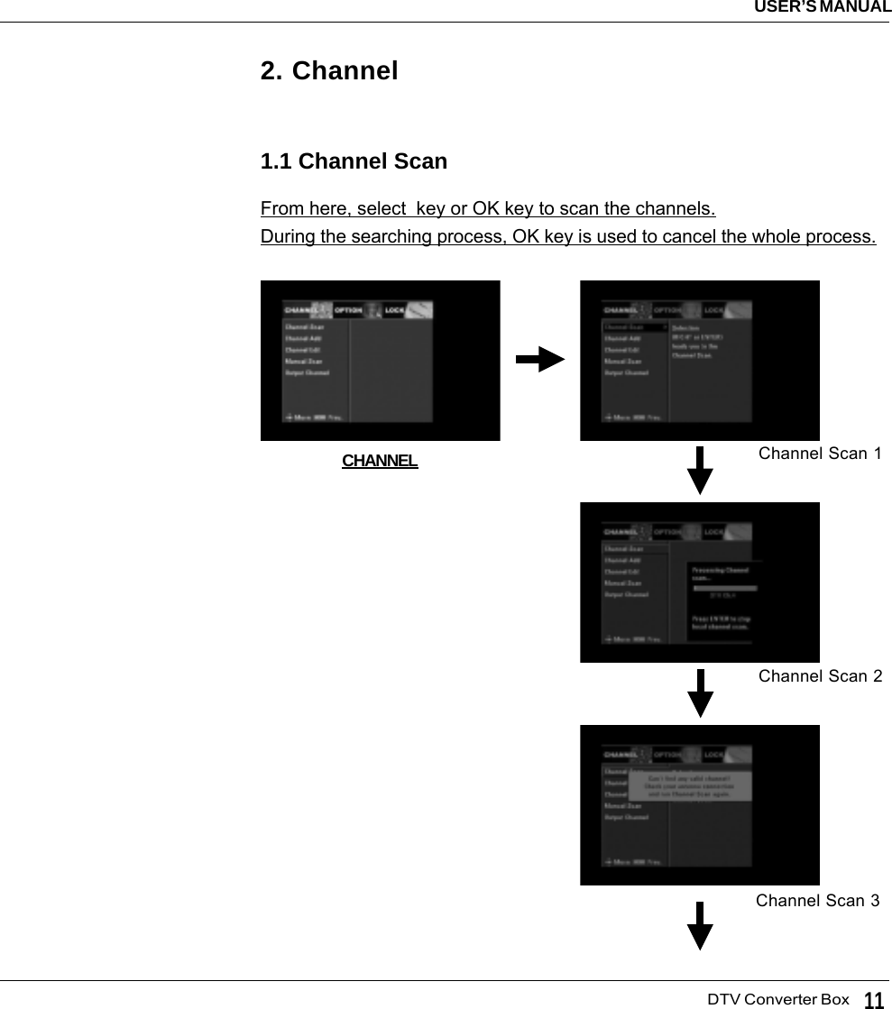   DTV Converter BoxUSER’S MANUAL112. Channel1.1 Channel ScanFrom here, select  key or OK key to scan the channels.During the searching process, OK key is used to cancel the whole process.CHANNEL Channel Scan 1Channel Scan 2Channel Scan 3