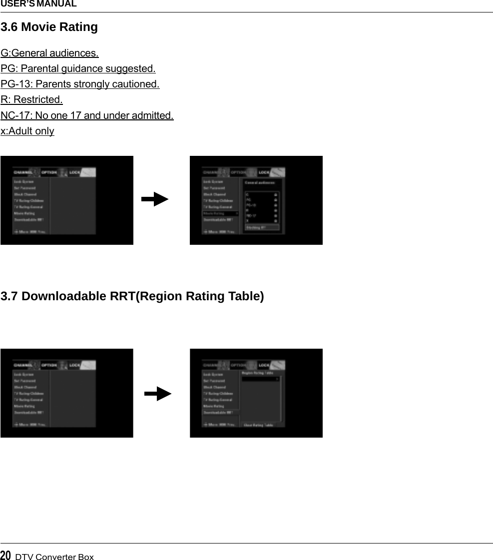 20  DTV Converter BoxUSER’S MANUAL3.6 Movie RatingG:General audiences.PG: Parental guidance suggested.PG-13: Parents strongly cautioned.R: Restricted.NC-17: No one 17 and under admitted.x:Adult only3.7 Downloadable RRT(Region Rating Table)