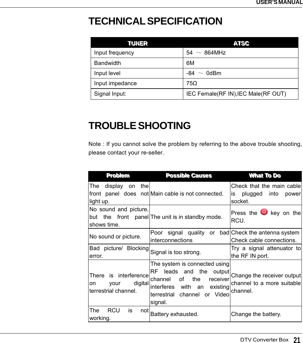   DTV Converter BoxUSER’S MANUAL21TECHNICAL SPECIFICATIONTTTUUUNNNEEERRR   AAATTTSSSCCC   Input frequency  54  ～ 864MHz Bandwidth 6M Input level  -84  ～ 0dBm Input impedance  75Ω Signal Input:  IEC Female(RF IN),IEC Male(RF OUT)  TROUBLE SHOOTINGNote : If you cannot solve the problem by referring to the above trouble shooting,please contact your re-seller.PPPrrrooobbbllleeemmm   PPPooossssssiiibbbllleee   CCCaaauuussseeesss   WWWhhhaaattt   TTTooo   DDDooo   The display on the front panel does not light up. Main cable is not connected. Check that the main cable is plugged into power socket. No sound and picture, but the front panel shows time. The unit is in standby mode.  Press the   key on  the RCU. No sound or picture.  Poor signal quality or bad interconnections Check the antenna system Check cable connections. Bad picture/ Blocking error.  Signal is too strong.  Try a signal attenuator to the RF IN port. There is interference on your digital terrestrial channel. The system is connected using RF leads and the output channel of the receiver interferes with an existing terrestrial channel or Video signal. Change the receiver output channel to a more suitable channel. The RCU is not working.  Battery exhausted.  Change the battery.  