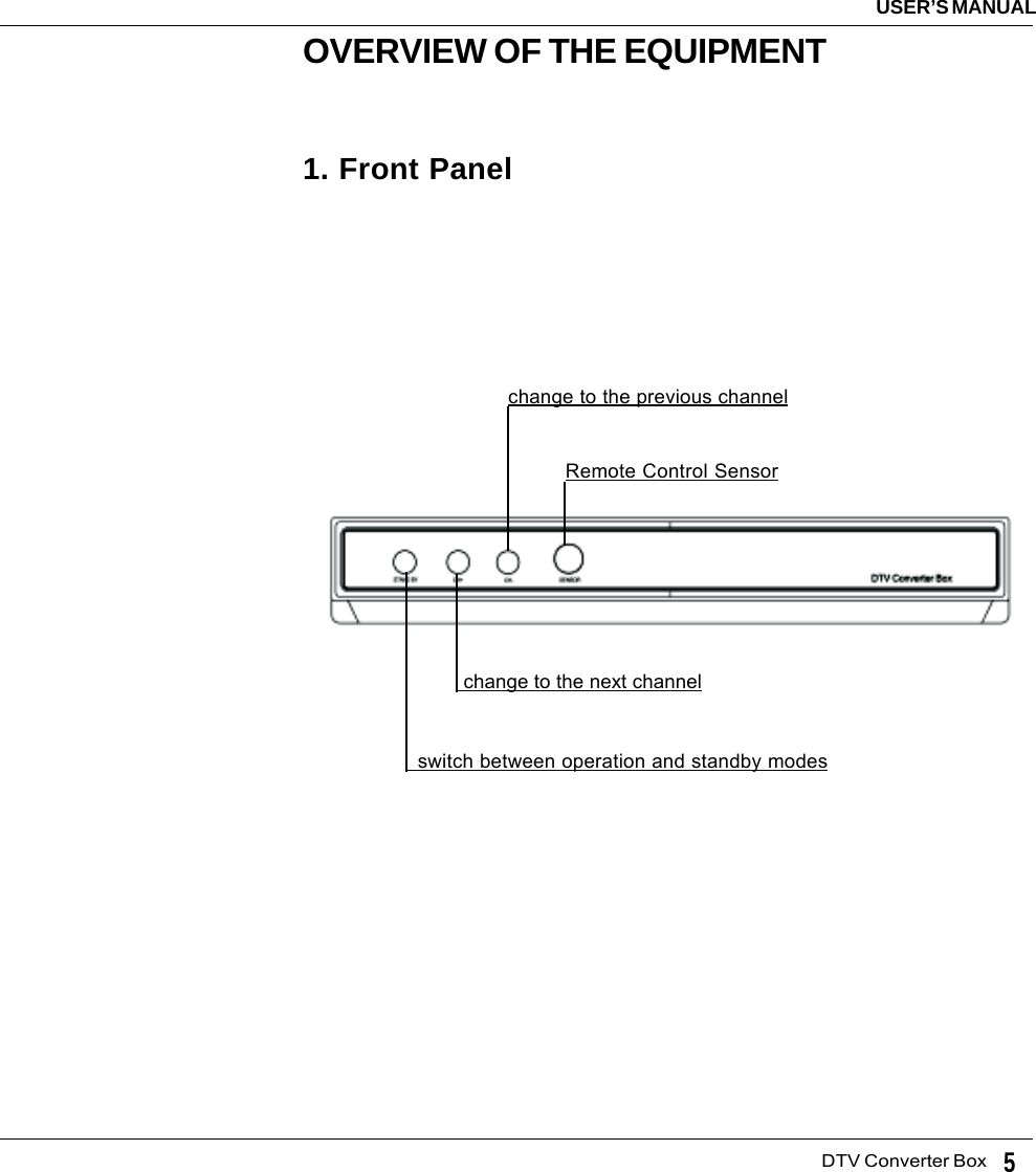   DTV Converter BoxUSER’S MANUAL5OVERVIEW OF THE EQUIPMENT1. Front PanelRemote Control Sensor change to the next channelchange to the previous channel  switch between operation and standby modes