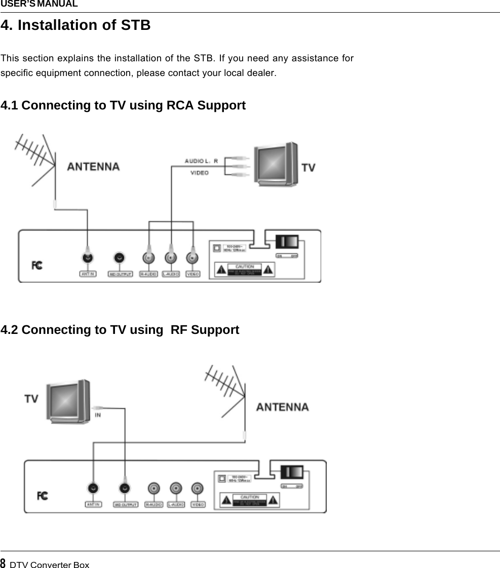 8  DTV Converter BoxUSER’S MANUAL4. Installation of STBThis section explains the installation of the STB. If you need any assistance forspecific equipment connection, please contact your local dealer.4.1 Connecting to TV using RCA Support4.2 Connecting to TV using  RF Support