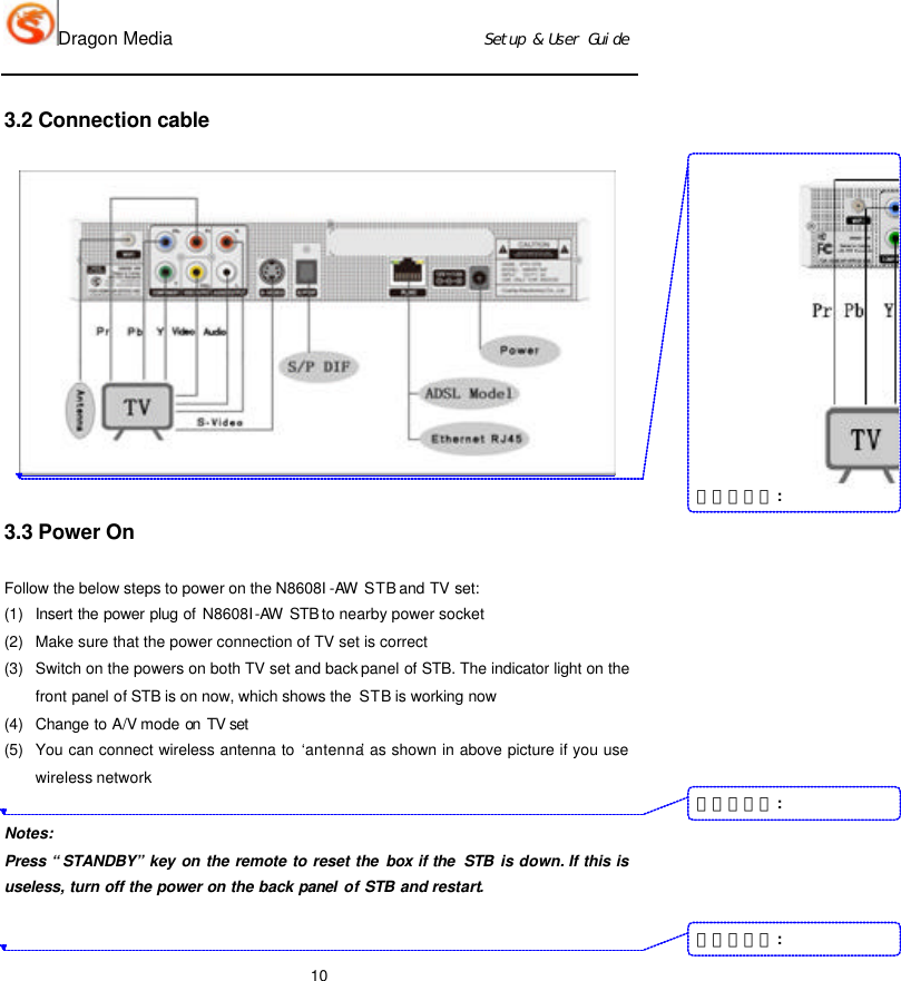 Dragon Media                          Ｓｅｔｕｐ　＆　Ｕｓｅｒ　Ｇｕｉｄｅ 10 3.2 Connection cable  3.3 Power On Follow the below steps to power on the N8608I -AW  STB and TV set: (1) Insert the power plug of  N8608I-AW  STB to nearby power socket (2) Make sure that the power connection of TV set is correct   (3) Switch on the powers on both TV set and back panel of STB. The indicator light on the front panel of STB is on now, which shows the  STB is working now (4) Change to A/V mode on  TV set  (5) You can connect wireless antenna to ‘antenna’ as shown in above picture if you use wireless network  Notes: Press  “STANDBY” key on the remote to reset the box if the  STB is down. If this is useless, turn off the power on the back panel  of STB and restart.       删除的内容: 删除的内容: 删除的内容: 