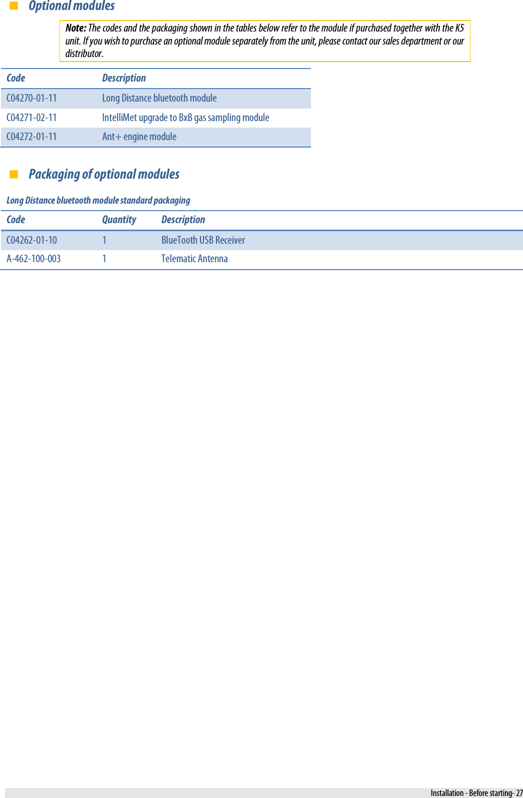   Optional modules Note: The codes and the packaging shown in the tables below refer to the module if purchased together with the K5 unit. If you wish to purchase an optional module separately from the unit, please contact our sales department or our distributor. Code Description C04270-01-11 Long Distance bluetooth module C04271-02-11 IntelliMet upgrade to BxB gas sampling module C04272-01-11 Ant+ engine module  Packaging of optional modules Long Distance bluetooth module standard packaging Code  Quantity  Description C04262-01-10  1  BlueTooth USB Receiver A-462-100-003  1  Telematic Antenna  Installation - Before starting- 27 