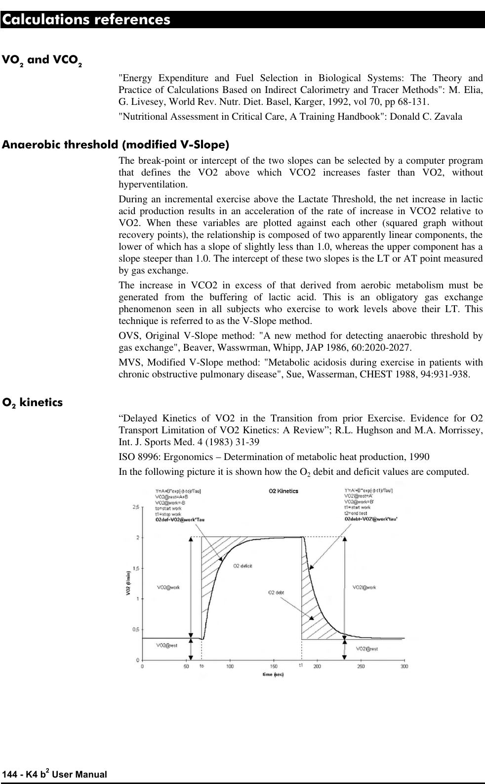  144 - K4 b2 User Manual Calculations references VO2 and VCO2 &quot;Energy Expenditure and Fuel Selection in Biological Systems: The Theory and Practice of Calculations Based on Indirect Calorimetry and Tracer Methods&quot;: M. Elia, G. Livesey, World Rev. Nutr. Diet. Basel, Karger, 1992, vol 70, pp 68-131. &quot;Nutritional Assessment in Critical Care, A Training Handbook&quot;: Donald C. Zavala Anaerobic threshold (modified V-Slope) The break-point or intercept of the two slopes can be selected by a computer program that defines the VO2 above which VCO2 increases faster than VO2, without hyperventilation. During an incremental exercise above the Lactate Threshold, the net increase in lactic acid production results in an acceleration of the rate of increase in VCO2 relative to VO2. When these variables are plotted against each other (squared graph without recovery points), the relationship is composed of two apparently linear components, the lower of which has a slope of slightly less than 1.0, whereas the upper component has a slope steeper than 1.0. The intercept of these two slopes is the LT or AT point measured by gas exchange. The increase in VCO2 in excess of that derived from aerobic metabolism must be generated from the buffering of lactic acid. This is an obligatory gas exchange phenomenon seen in all subjects who exercise to work levels above their LT. This technique is referred to as the V-Slope method. OVS, Original V-Slope method: &quot;A new method for detecting anaerobic threshold by gas exchange&quot;, Beaver, Wasswrman, Whipp, JAP 1986, 60:2020-2027. MVS, Modified V-Slope method: &quot;Metabolic acidosis during exercise in patients with chronic obstructive pulmonary disease&quot;, Sue, Wasserman, CHEST 1988, 94:931-938. O2 kinetics “Delayed Kinetics of VO2 in the Transition from prior Exercise. Evidence for O2 Transport Limitation of VO2 Kinetics: A Review”; R.L. Hughson and M.A. Morrissey, Int. J. Sports Med. 4 (1983) 31-39 ISO 8996: Ergonomics – Determination of metabolic heat production, 1990 In the following picture it is shown how the O2 debit and deficit values are computed.  