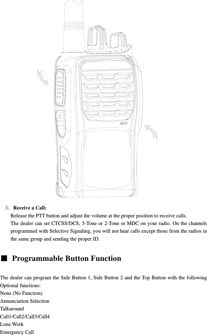                5. Receive a Call:   Release the PTT button and adjust the volume at the proper position to receive calls. The dealer can set CTCSS/DCS, 5-Tone or 2-Tone or MDC on your radio. On the channels programmed with Selective Signaling, you will not hear calls except those from the radios in the same group and sending the proper ID.    Programmable Button Function    The dealer can program the Side Button 1, Side Button 2 and the Top Button with the following Optional functions: None (No Function) Annunciation Selection Talkaround Call1/Call2/Call3/Call4 Lone Work Emergency Call 
