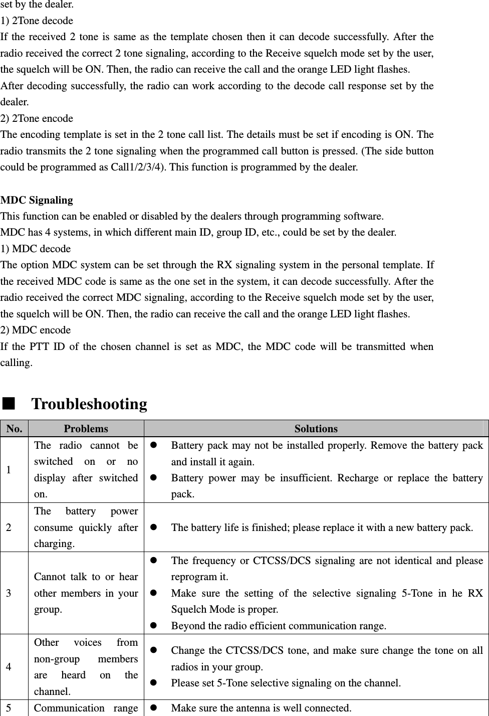 set by the dealer. 1) 2Tone decode If the received 2 tone is same as the template chosen then it can decode successfully. After the radio received the correct 2 tone signaling, according to the Receive squelch mode set by the user, the squelch will be ON. Then, the radio can receive the call and the orange LED light flashes. After decoding successfully, the radio can work according to the decode call response set by the dealer. 2) 2Tone encode The encoding template is set in the 2 tone call list. The details must be set if encoding is ON. The radio transmits the 2 tone signaling when the programmed call button is pressed. (The side button could be programmed as Call1/2/3/4). This function is programmed by the dealer.  MDC Signaling This function can be enabled or disabled by the dealers through programming software. MDC has 4 systems, in which different main ID, group ID, etc., could be set by the dealer. 1) MDC decode The option MDC system can be set through the RX signaling system in the personal template. If the received MDC code is same as the one set in the system, it can decode successfully. After the radio received the correct MDC signaling, according to the Receive squelch mode set by the user, the squelch will be ON. Then, the radio can receive the call and the orange LED light flashes. 2) MDC encode If the PTT ID of the chosen channel is set as MDC, the MDC code will be transmitted when calling.    Troubleshooting   No.  Problems  Solutions 1 The radio cannot be switched on or no display after switched on. z Battery pack may not be installed properly. Remove the battery pack and install it again. z Battery power may be insufficient. Recharge or replace the battery pack. 2 The battery power consume quickly after charging. z The battery life is finished; please replace it with a new battery pack. 3 Cannot talk to or hear other members in your group. z The frequency or CTCSS/DCS signaling are not identical and please reprogram it. z Make sure the setting of the selective signaling 5-Tone in he RX Squelch Mode is proper.   z Beyond the radio efficient communication range. 4 Other voices from non-group members are heard on the channel. z Change the CTCSS/DCS tone, and make sure change the tone on all radios in your group. z Please set 5-Tone selective signaling on the channel. 5 Communication range z Make sure the antenna is well connected. 