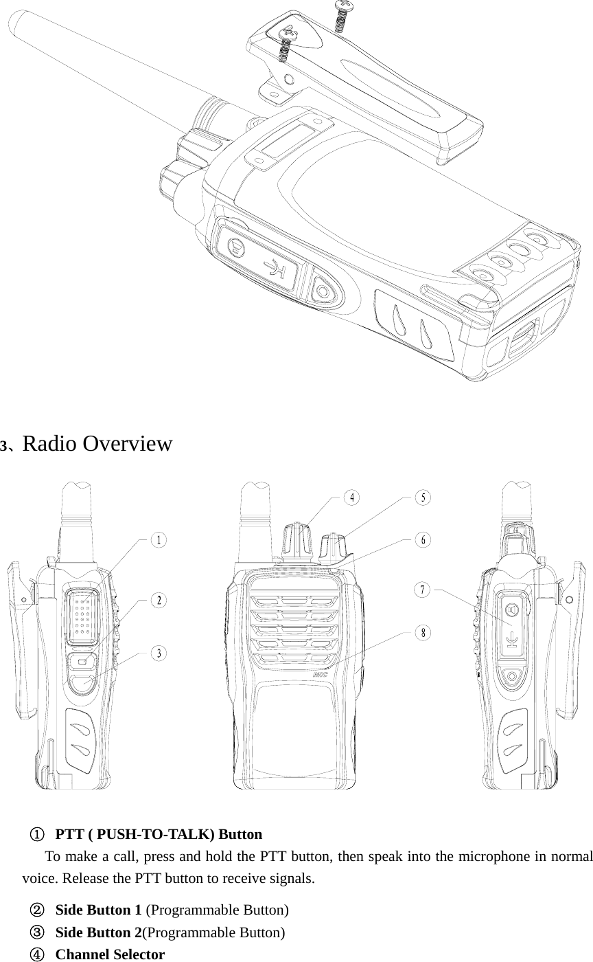   3、Radio Overview    ①  PTT ( PUSH-TO-TALK) Button    To make a call, press and hold the PTT button, then speak into the microphone in normal voice. Release the PTT button to receive signals. ②  Side Button 1 (Programmable Button) ③  Side Button 2(Programmable Button) ④  Channel Selector 