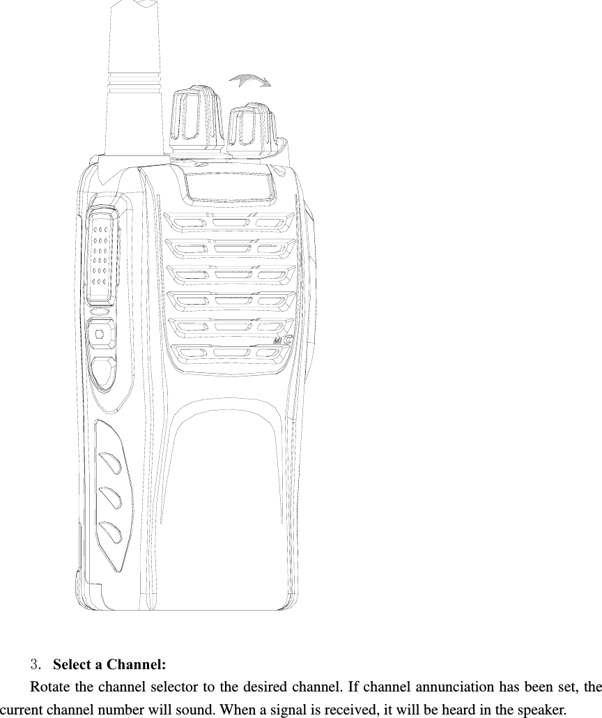   3. Select a Channel:   Rotate the channel selector to the desired channel. If channel annunciation has been set, the current channel number will sound. When a signal is received, it will be heard in the speaker. 