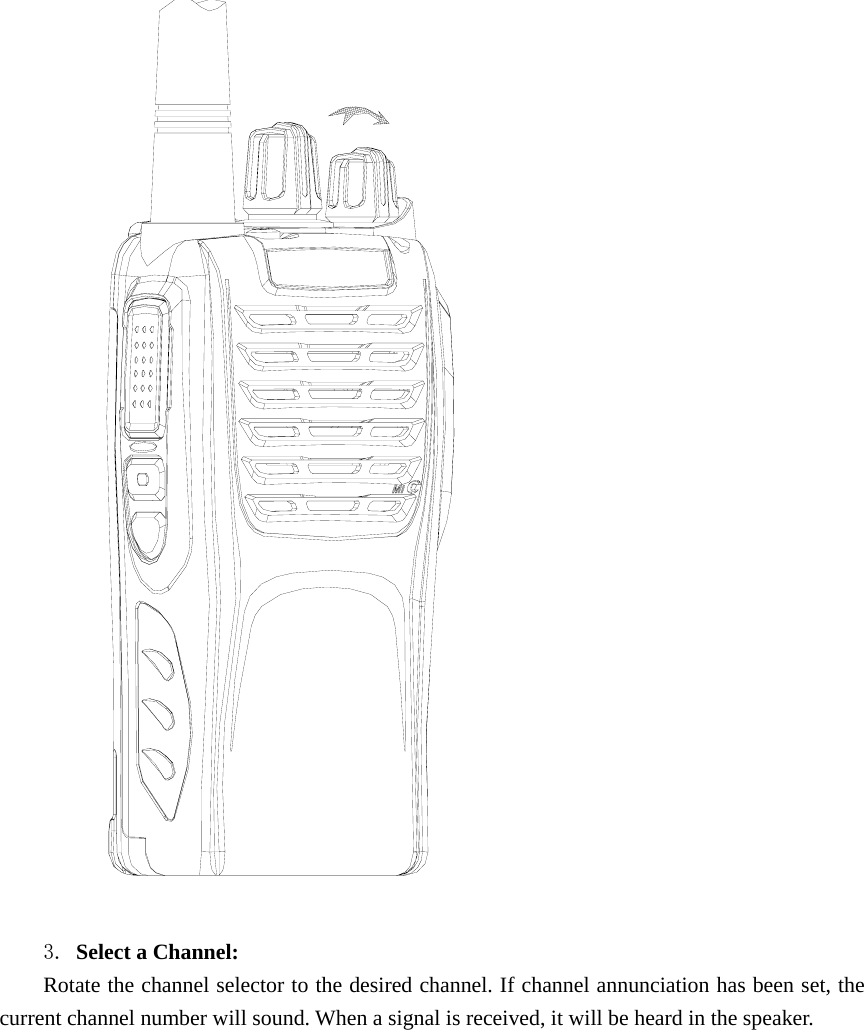   3. Select a Channel:   Rotate the channel selector to the desired channel. If channel annunciation has been set, the current channel number will sound. When a signal is received, it will be heard in the speaker. 