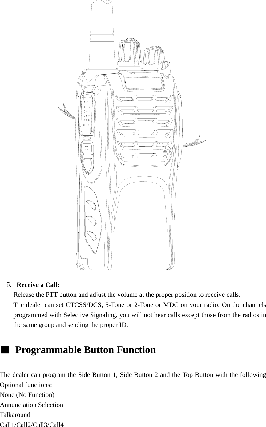                5. Receive a Call:   Release the PTT button and adjust the volume at the proper position to receive calls. The dealer can set CTCSS/DCS, 5-Tone or 2-Tone or MDC on your radio. On the channels programmed with Selective Signaling, you will not hear calls except those from the radios in the same group and sending the proper ID.  ■  Programmable Button Function    The dealer can program the Side Button 1, Side Button 2 and the Top Button with the following Optional functions: None (No Function) Annunciation Selection Talkaround Call1/Call2/Call3/Call4 