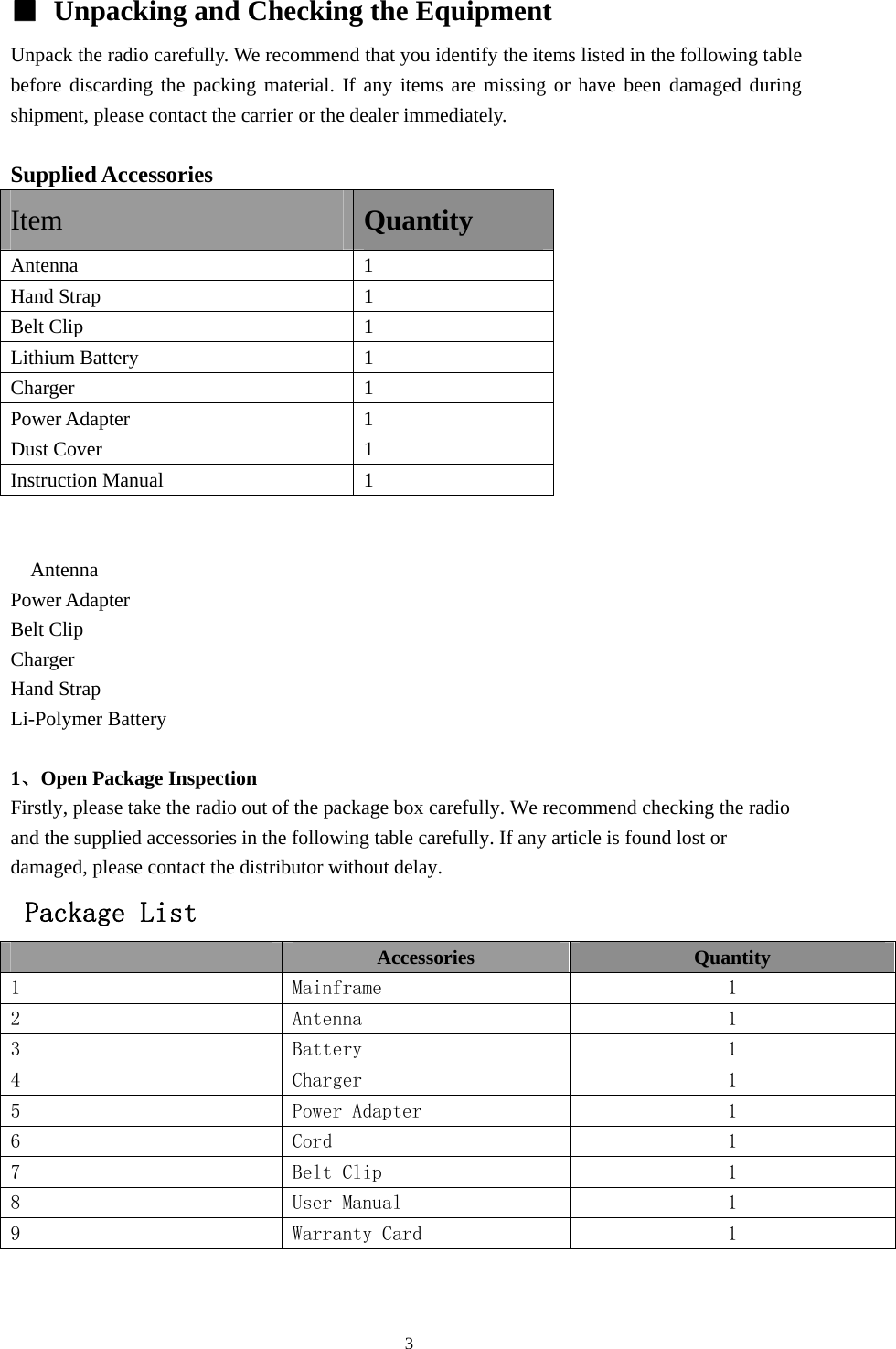 ■  Unpacking and Checking the Equipment Unpack the radio carefully. We recommend that you identify the items listed in the following table before discarding the packing material. If any items are missing or have been damaged during shipment, please contact the carrier or the dealer immediately.   Supplied Accessories Item Quantity Antenna 1 Hand Strap  1 Belt Clip  1 Lithium Battery    1 Charger 1 Power Adapter  1 Dust Cover  1 Instruction Manual  1    Antenna Power Adapter Belt Clip Charger Hand Strap Li-Polymer Battery  1、Open Package Inspection Firstly, please take the radio out of the package box carefully. We recommend checking the radio and the supplied accessories in the following table carefully. If any article is found lost or   damaged, please contact the distributor without delay.  Package List  Accessories  Quantity 1  Mainframe  1 2  Antenna  1 3  Battery  1 4  Charger  1 5  Power Adapter  1 6  Cord  1 7  Belt Clip  1 8  User Manual  1 9  Warranty Card  1                                               3 