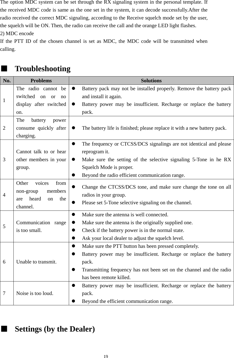 The option MDC system can be set through the RX signaling system in the personal template. If the received MDC code is same as the one set in the system, it can decode successfully.After the radio received the correct MDC signaling, according to the Receive squelch mode set by the user, the squelch will be ON. Then, the radio can receive the call and the orange LED light flashes. 2) MDC encode If the PTT ID of the chosen channel is set as MDC, the MDC code will be transmitted when calling.  ■  Troubleshooting   No.  Problems  Solutions 1 The radio cannot be switched on or no display after switched on. z Battery pack may not be installed properly. Remove the battery pack and install it again. z Battery power may be insufficient. Recharge or replace the battery pack. 2 The battery power consume quickly after charging. z The battery life is finished; please replace it with a new battery pack. 3 Cannot talk to or hear other members in your group. z The frequency or CTCSS/DCS signalings are not identical and please reprogram it. z Make sure the setting of the selective signaling 5-Tone in he RX Squelch Mode is proper.   z Beyond the radio efficient communication range. 4 Other voices from non-group members are heard on the channel. z Change the CTCSS/DCS tone, and make sure change the tone on all radios in your group. z Please set 5-Tone selective signaling on the channel. 5  Communication range is too small. z Make sure the antenna is well connected. z Make sure the antenna is the originally supplied one. z Check if the battery power is in the normal state. z Ask your local dealer to adjust the squelch level. 6  Unable to transmit. z Make sure the PTT button has been pressed completely. z Battery power may be insufficient. Recharge or replace the battery pack. z Transmitting frequency has not been set on the channel and the radio has been remote killed. 7  Noise is too loud. z Battery power may be insufficient. Recharge or replace the battery pack. z Beyond the efficient communication range.   ■  Settings (by the Dealer)                                                19 