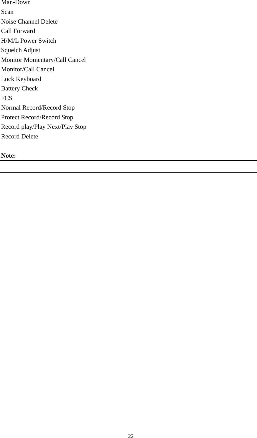 Man-Down Scan Noise Channel Delete Call Forward H/M/L Power Switch Squelch Adjust Monitor Momentary/Call Cancel Monitor/Call Cancel Lock Keyboard Battery Check FCS Normal Record/Record Stop Protect Record/Record Stop Record play/Play Next/Play Stop Record Delete  Note:                                                            22 