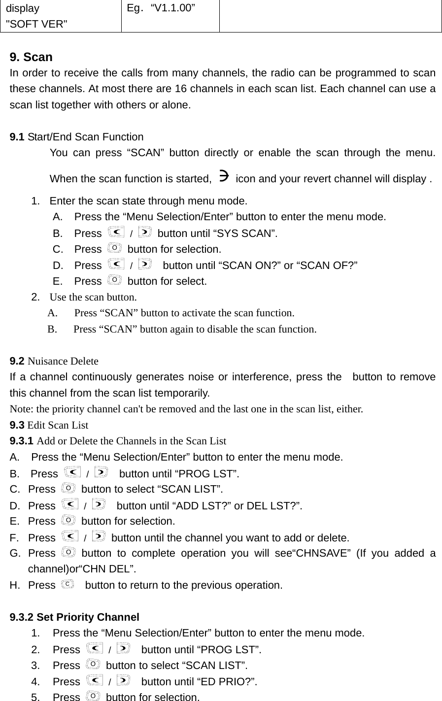 display    "SOFT VER" Eg．&ldquo;V1.1.00&rdquo;  9. Scan   In order to receive the calls from many channels, the radio can be programmed to scan these channels. At most there are 16 channels in each scan list. Each channel can use a scan list together with others or alone.    9.1 Start/End Scan Function   You can press &ldquo;SCAN&rdquo; button directly or enable the scan through the menu. When the scan function is started,    icon and your revert channel will display .     1.  Enter the scan state through menu mode.     A.  Press the &ldquo;Menu Selection/Enter&rdquo; button to enter the menu mode. B. Press   /   button until &ldquo;SYS SCAN&rdquo;. C. Press O  button for selection. D. Press   /     button until &ldquo;SCAN ON?&rdquo; or &ldquo;SCAN OF?&rdquo; E. Press O  button for select. 2.  Use the scan button. A.  Press &ldquo;SCAN&rdquo; button to activate the scan function.   B.      Press &ldquo;SCAN&rdquo; button again to disable the scan function.  9.2 Nuisance Delete     If a channel continuously generates noise or interference, press the  button to remove this channel from the scan list temporarily.   Note: the priority channel can't be removed and the last one in the scan list, either.     9.3 Edit Scan List   9.3.1 Add or Delete the Channels in the Scan List         A.  Press the &ldquo;Menu Selection/Enter&rdquo; button to enter the menu mode. B.  Press   /     button until &ldquo;PROG LST&rdquo;. C. Press  O  button to select &ldquo;SCAN LIST&rdquo;. D. Press   /     button until &ldquo;ADD LST?&rdquo; or DEL LST?&rdquo;.   E. Press  O  button for selection. F. Press   /   button until the channel you want to add or delete. G. Press  O button to complete operation you will see&ldquo;CHNSAVE&rdquo; (If you added a channel)or&ldquo;CHN DEL&rdquo;.   H. Press  C    button to return to the previous operation.  9.3.2 Set Priority Channel     1.  Press the &ldquo;Menu Selection/Enter&rdquo; button to enter the menu mode. 2. Press   /     button until &ldquo;PROG LST&rdquo;. 3. Press O  button to select &ldquo;SCAN LIST&rdquo;. 4. Press   /     button until &ldquo;ED PRIO?&rdquo;. 5. Press O  button for selection. 