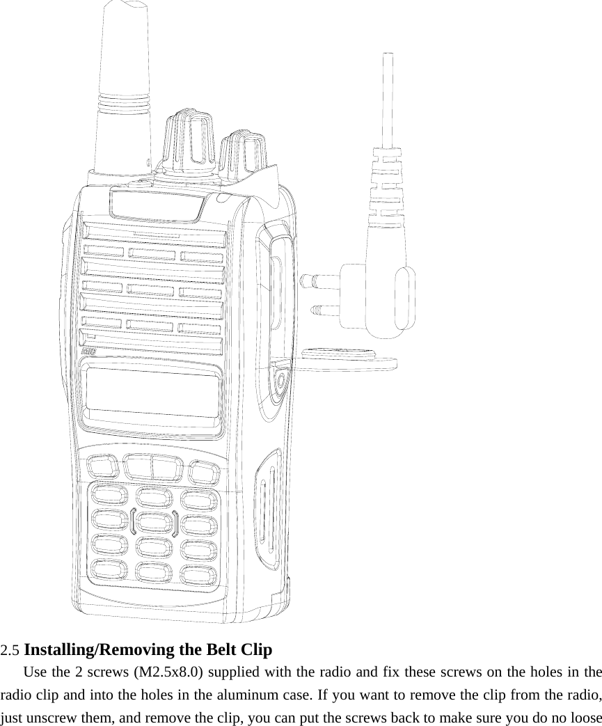  2.5 Installing/Removing the Belt Clip      Use the 2 screws (M2.5x8.0) supplied with the radio and fix these screws on the holes in the radio clip and into the holes in the aluminum case. If you want to remove the clip from the radio, just unscrew them, and remove the clip, you can put the screws back to make sure you do no loose 