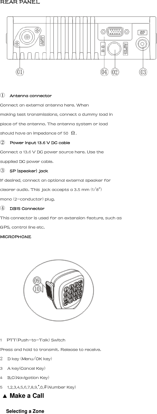 REAR PANEL   ① Antenna connector Connect an external antenna here. When making test transmissions, connect a dummy load in place of the antenna. The antenna system or load should have an impedance of 50  &Omega;. ② Power Input 13.6 V DC cable Connect a 13.6 V DC power source here. Use the supplied DC power cable. ③ SP (speaker) jack If desired, connect an optional external speaker for clearer audio. This jack accepts a 3.5 mm (1/8") mono (2-conductor) plug. ④ DB15 Connector This connector is used for an extension feature, such as GPS, control line etc. MICROPHONE  1    PTT(Push-to-Talk) Switch Press and hold to transmit. Release to receive. 2  D key (Menu/OK key) 3    A key(Cancel Key) 4    B,C(Navigation Key) 5    1,2,3,4,5,6,7,8,9,*,0,#(Number Key) 7▲ Make a Call Selecting a Zone 