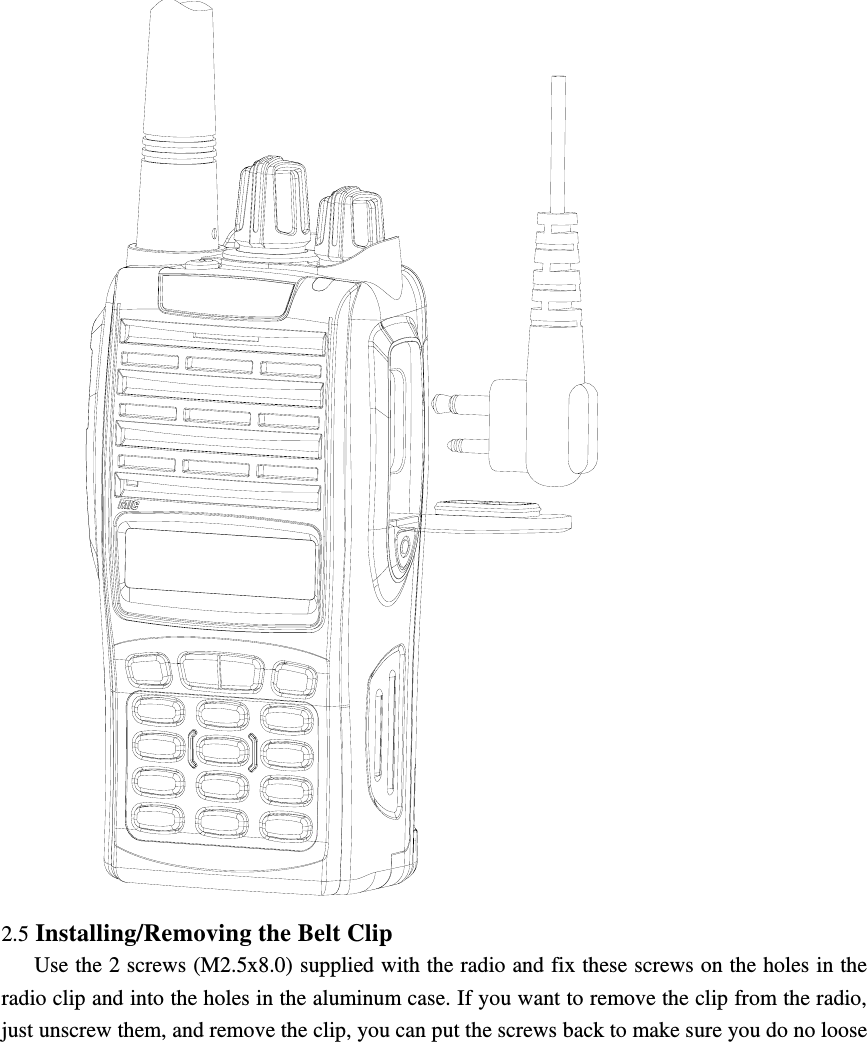  2.5 Installing/Removing the Belt Clip      Use the 2 screws (M2.5x8.0) supplied with the radio and fix these screws on the holes in the radio clip and into the holes in the aluminum case. If you want to remove the clip from the radio, just unscrew them, and remove the clip, you can put the screws back to make sure you do no loose 