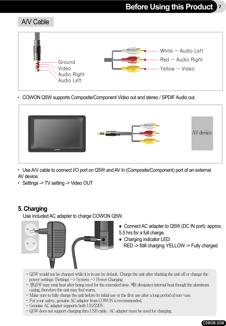 COWON Q5W7Before Using this ProductA/V Cable ●   COWON Q5W supports Composite/Component Video out and stereo / SPDIF Audio out.●   Use A/V cable to connect I/O port on Q5W and AV In (Composite/Component) port of an external AV device.●   Settings -&gt; TV setting -&gt; Video OUT5. ChargingUse included AC adapter to charge COWON Q5W.- Q5W would not be charged while it is in use by default.  Charge the unit after shutting the unit off or change the power settings (Settings -&gt; System -&gt; Power Charging - 장Q5W may emit heat after being used for the extended time. 제It dissipates internal heat though the aluminum casing, therefore the unit may feel warm. - Make sure to fully charge the unit before its initial use or the first use after a long period of non-use. - For your safety, genuine AC adapter from COWON is recommended.- Genuine AC adapter supports both 110/220V.- Q5W does not support charging thru USB cable.  AC adapter must be used for charging.●  Connect AC adapter to Q5W (DC IN port): approx. 5.5 hrs for a full charge.●  Charging indicator LED:      RED -&gt; Still charging  YELLOW -&gt; Fully charged GroundVideo Audio Right Audio Left White - Audio Left Red - Audio RightYellow - Video AV device