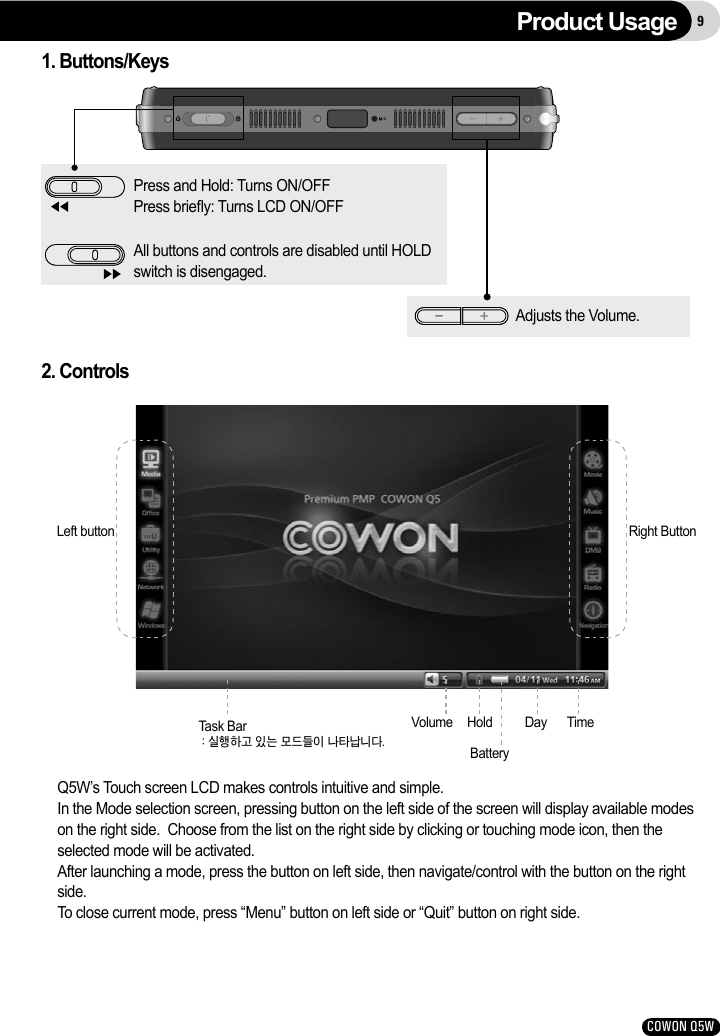 COWON Q5W9Product Usage1. Buttons/KeysPress and Hold: Turns ON/OFFPress brieﬂy: Turns LCD ON/OFFAll buttons and controls are disabled until HOLD switch is disengaged.Adjusts the Volume.2. ControlsQ5W’s Touch screen LCD makes controls intuitive and simple.In the Mode selection screen, pressing button on the left side of the screen will display available modes on the right side.  Choose from the list on the right side by clicking or touching mode icon, then the selected mode will be activated.After launching a mode, press the button on left side, then navigate/control with the button on the right side.To close current mode, press “Menu” button on left side or “Quit” button on right side.Left button Right Button Task Bar : 실행하고 있는 모드들이 나타납니다.  Volume HoldBattery  Day Time
