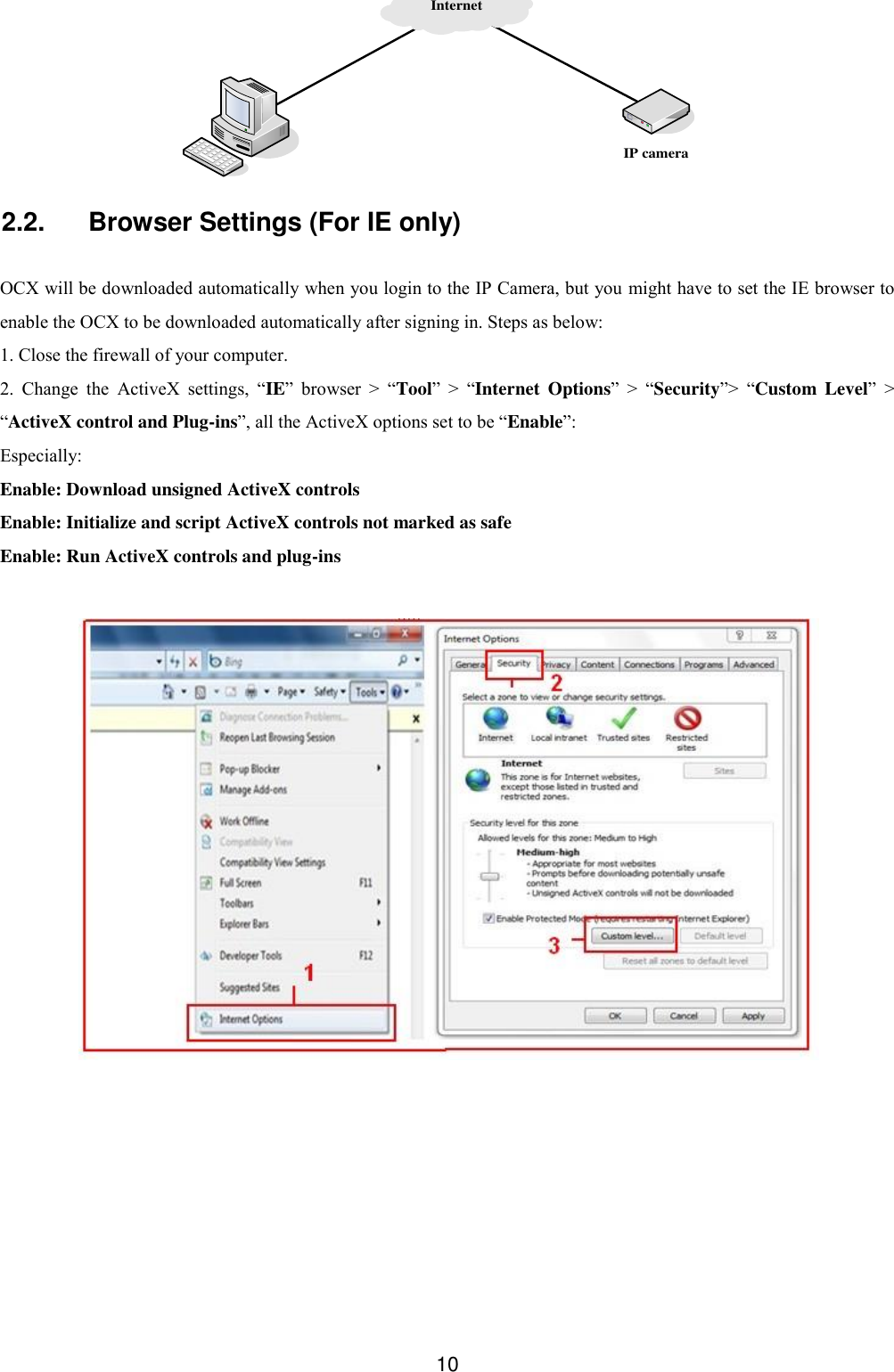 10 InternetIP camera 2.2.  Browser Settings (For IE only)  OCX will be downloaded automatically when you login to the IP Camera, but you might have to set the IE browser to enable the OCX to be downloaded automatically after signing in. Steps as below: 1. Close the firewall of your computer. 2.  Change  the  ActiveX  settings,  &ldquo;IE&rdquo;  browser  >  &ldquo;Tool&rdquo;  >  &ldquo;Internet  Options&rdquo;  >  &ldquo;Security&rdquo;>  &ldquo;Custom  Level&rdquo;  > &ldquo;ActiveX control and Plug-ins&rdquo;, all the ActiveX options set to be &ldquo;Enable&rdquo;:     Especially: Enable: Download unsigned ActiveX controls Enable: Initialize and script ActiveX controls not marked as safe Enable: Run ActiveX controls and plug-ins   