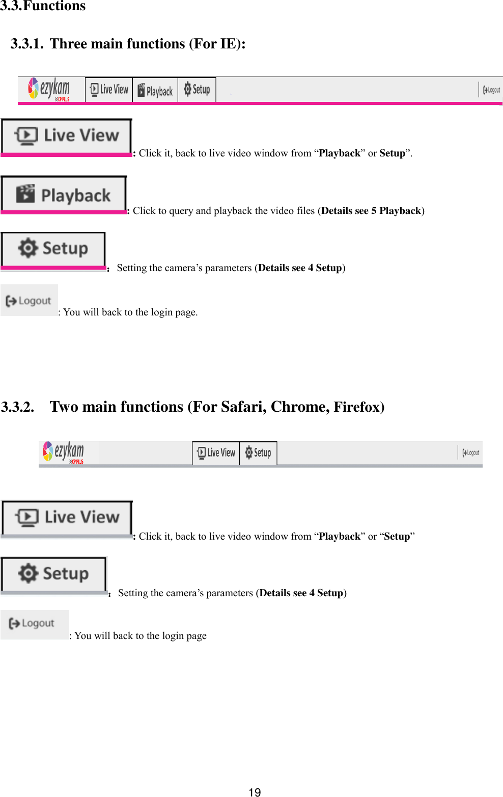 19 3.3. Functions    3.3.1. Three main functions (For IE):   : Click it, back to live video window from &ldquo;Playback&rdquo; or Setup&rdquo;. : Click to query and playback the video files (Details see 5 Playback) ：Setting the camera&rsquo;s parameters (Details see 4 Setup) : You will back to the login page.     3.3.2. Two main functions (For Safari, Chrome, Firefox)    : Click it, back to live video window from &ldquo;Playback&rdquo; or &ldquo;Setup&rdquo; ：Setting the camera&rsquo;s parameters (Details see 4 Setup) : You will back to the login page 