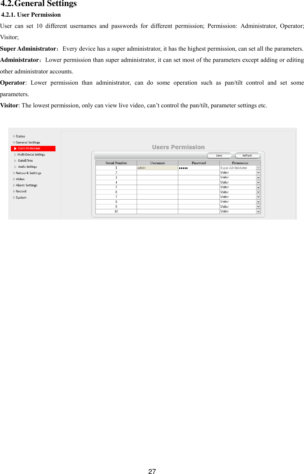  27 4.2. General Settings 4.2.1. User Permission User  can  set  10  different  usernames  and  passwords  for  different  permission;  Permission:  Administrator,  Operator; Visitor; Super Administrator：Every device has a super administrator, it has the highest permission, can set all the parameters. Administrator：Lower permission than super administrator, it can set most of the parameters except adding or editing other administrator accounts. Operator:  Lower  permission  than  administrator,  can  do  some  operation  such  as  pan/tilt  control  and  set  some parameters. Visitor: The lowest permission, only can view live video, can&rsquo;t control the pan/tilt, parameter settings etc.   