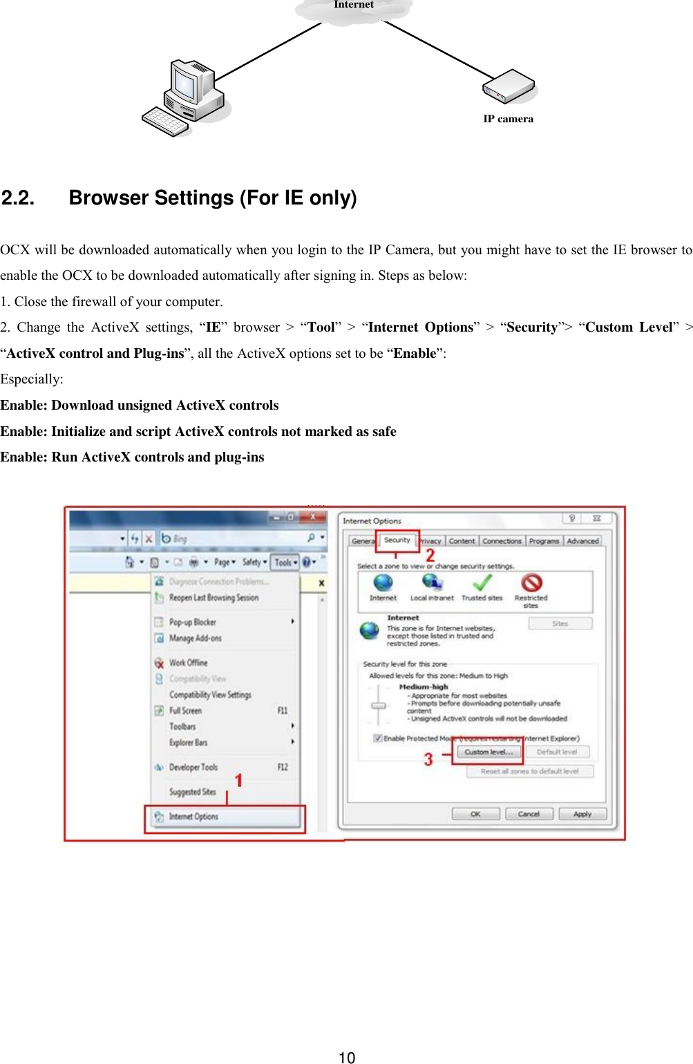  10 InternetIP camera 2.2.  Browser Settings (For IE only)  OCX will be downloaded automatically when you login to the IP Camera, but you might have to set the IE browser to enable the OCX to be downloaded automatically after signing in. Steps as below: 1. Close the firewall of your computer. 2.  Change  the  ActiveX  settings,  &ldquo;IE&rdquo;  browser  >  &ldquo;Tool&rdquo;  >  &ldquo;Internet  Options&rdquo;  >  &ldquo;Security&rdquo;>  &ldquo;Custom  Level&rdquo;  > &ldquo;ActiveX control and Plug-ins&rdquo;, all the ActiveX options set to be &ldquo;Enable&rdquo;:     Especially: Enable: Download unsigned ActiveX controls Enable: Initialize and script ActiveX controls not marked as safe Enable: Run ActiveX controls and plug-ins   