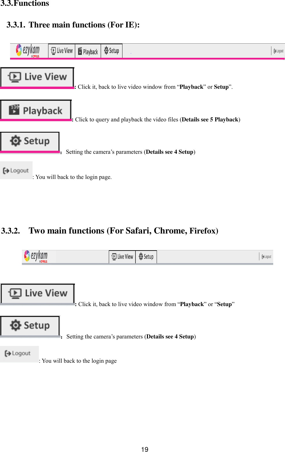  19 3.3. Functions    3.3.1. Three main functions (For IE):   : Click it, back to live video window from &ldquo;Playback&rdquo; or Setup&rdquo;. : Click to query and playback the video files (Details see 5 Playback) ：Setting the camera&rsquo;s parameters (Details see 4 Setup) : You will back to the login page.     3.3.2. Two main functions (For Safari, Chrome, Firefox)    : Click it, back to live video window from &ldquo;Playback&rdquo; or &ldquo;Setup&rdquo; ：Setting the camera&rsquo;s parameters (Details see 4 Setup) : You will back to the login page 