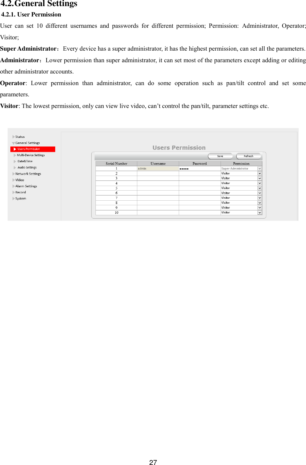 27 4.2. General Settings 4.2.1. User Permission User  can  set  10  different  usernames  and  passwords  for  different  permission;  Permission:  Administrator,  Operator; Visitor; Super Administrator：Every device has a super administrator, it has the highest permission, can set all the parameters. Administrator：Lower permission than super administrator, it can set most of the parameters except adding or editing other administrator accounts. Operator:  Lower  permission  than  administrator,  can  do  some  operation  such  as  pan/tilt  control  and  set  some parameters. Visitor: The lowest permission, only can view live video, can&rsquo;t control the pan/tilt, parameter settings etc.   
