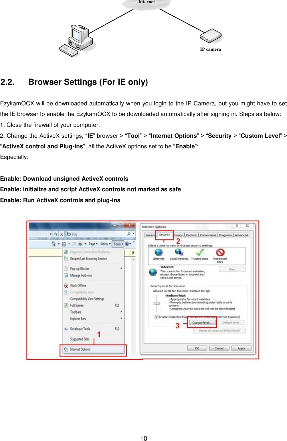  10 InternetIP camera 2.2.  Browser Settings (For IE only)  EzykamOCX will be downloaded automatically when you login to the IP Camera, but you might have to set the IE browser to enable the EzykamOCX to be downloaded automatically after signing in. Steps as below: 1. Close the firewall of your computer. 2. Change the ActiveX settings, &ldquo;IE&rdquo; browser > &ldquo;Tool&rdquo; > &ldquo;Internet Options&rdquo; > &ldquo;Security&rdquo;> &ldquo;Custom Level&rdquo; > &ldquo;ActiveX control and Plug-ins&rdquo;, all the ActiveX options set to be &ldquo;Enable&rdquo;:     Especially:  Enable: Download unsigned ActiveX controls Enable: Initialize and script ActiveX controls not marked as safe Enable: Run ActiveX controls and plug-ins   