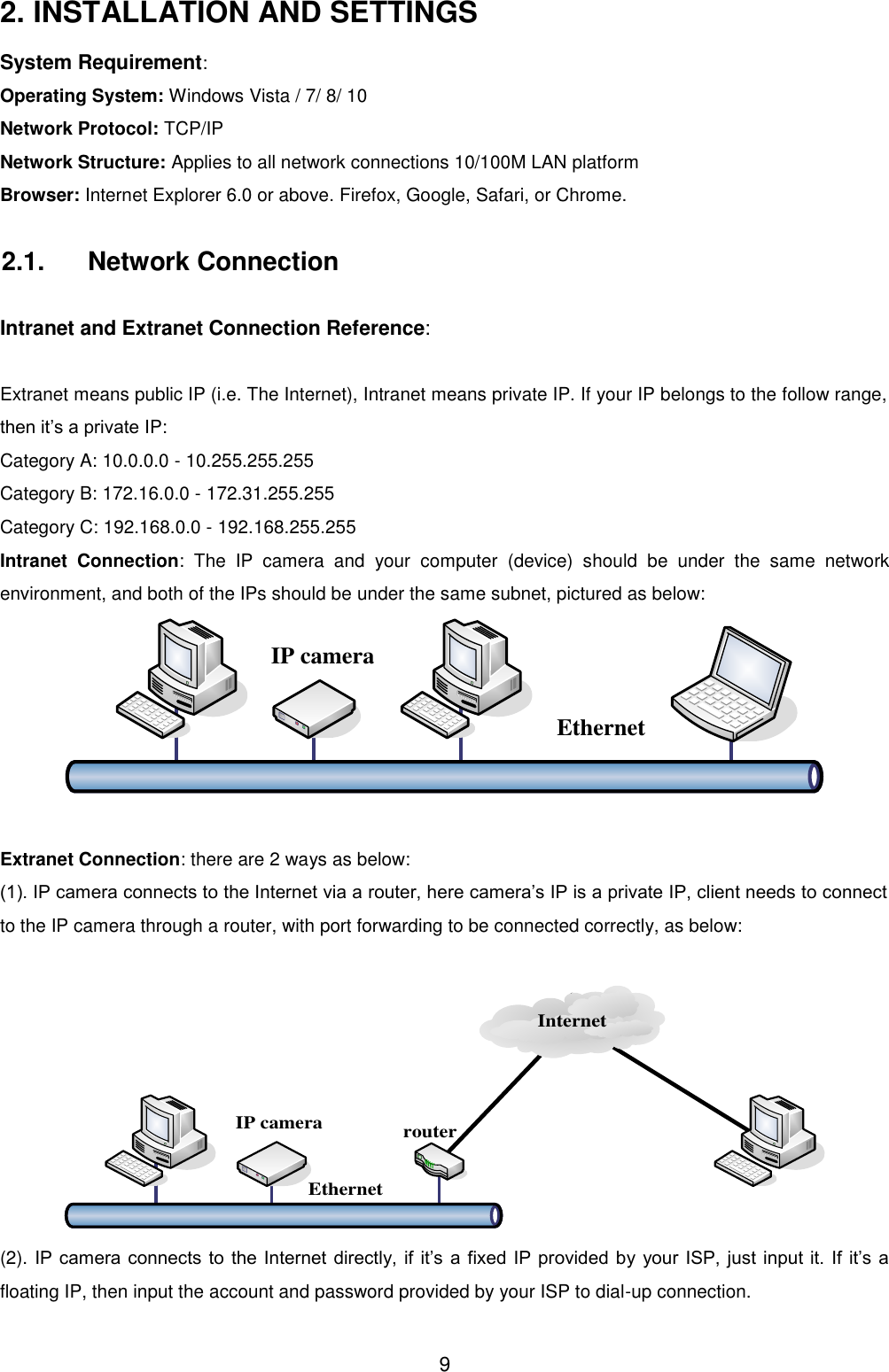  9 2. INSTALLATION AND SETTINGS System Requirement: Operating System: Windows Vista / 7/ 8/ 10 Network Protocol: TCP/IP Network Structure: Applies to all network connections 10/100M LAN platform Browser: Internet Explorer 6.0 or above. Firefox, Google, Safari, or Chrome. 2.1.  Network Connection  Intranet and Extranet Connection Reference:  Extranet means public IP (i.e. The Internet), Intranet means private IP. If your IP belongs to the follow range, then it&rsquo;s a private IP: Category A: 10.0.0.0 - 10.255.255.255 Category B: 172.16.0.0 - 172.31.255.255 Category C: 192.168.0.0 - 192.168.255.255 Intranet  Connection:  The  IP  camera  and  your  computer  (device)  should  be  under  the  same  network environment, and both of the IPs should be under the same subnet, pictured as below: IP cameraEthernet  Extranet Connection: there are 2 ways as below: (1). IP camera connects to the Internet via a router, here camera&rsquo;s IP is a private IP, client needs to connect to the IP camera through a router, with port forwarding to be connected correctly, as below:    InternetIP camera routerEthernet (2). IP  camera  connects to the Internet  directly, if  it&rsquo;s  a fixed IP provided by your ISP, just input  it. If it&rsquo;s a floating IP, then input the account and password provided by your ISP to dial-up connection. 