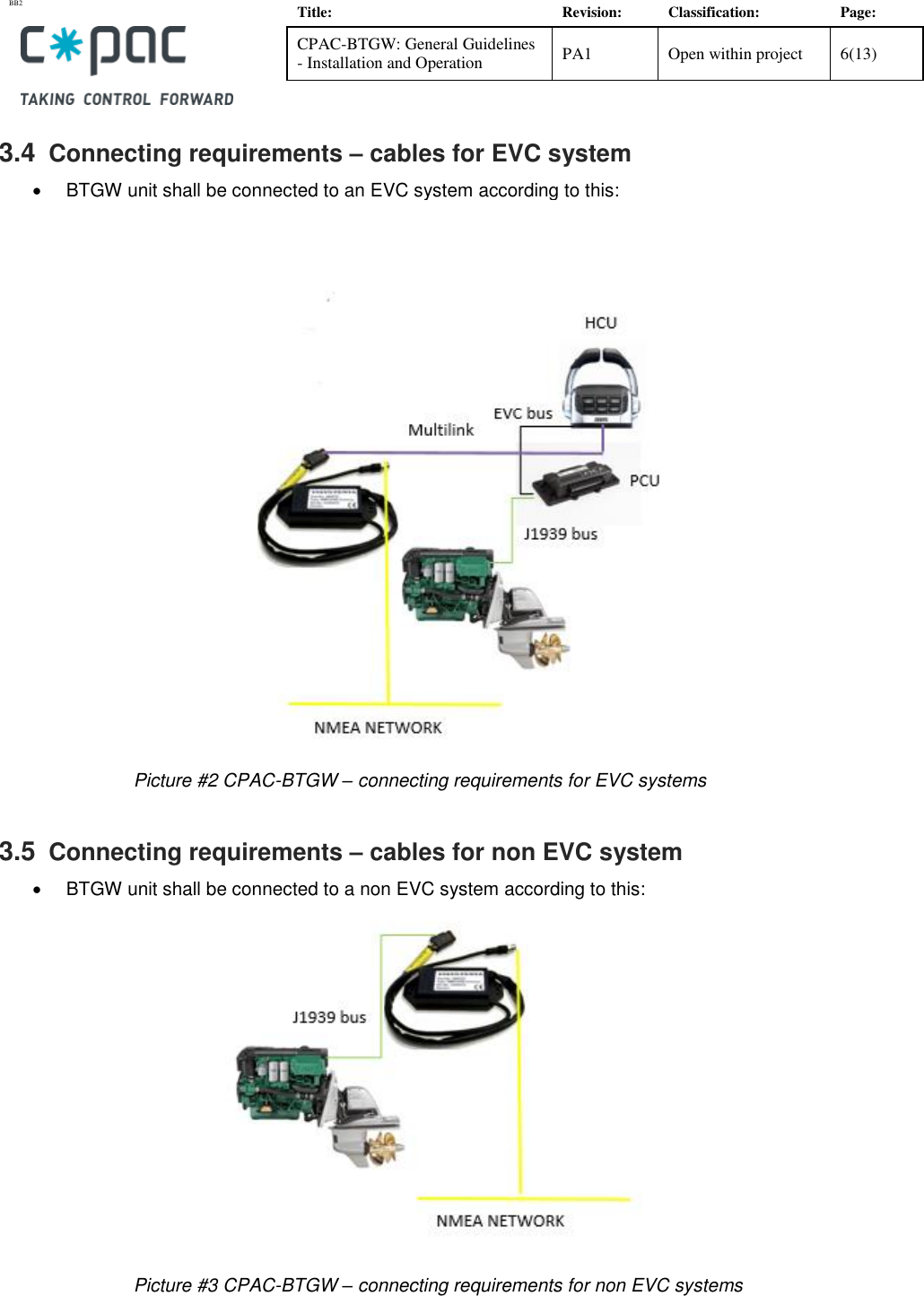 BB2    Title: Revision: Classification: Page: CPAC-BTGW: General Guidelines - Installation and Operation PA1 Open within project 6(13)   3.4  Connecting requirements &ndash; cables for EVC system   BTGW unit shall be connected to an EVC system according to this:  Picture #2 CPAC-BTGW &ndash; connecting requirements for EVC systems 3.5  Connecting requirements &ndash; cables for non EVC system   BTGW unit shall be connected to a non EVC system according to this:   Picture #3 CPAC-BTGW &ndash; connecting requirements for non EVC systems  