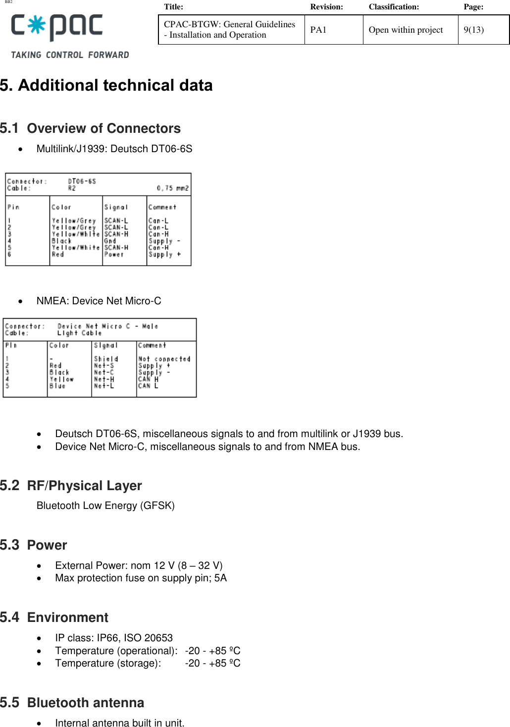 BB2    Title: Revision: Classification: Page: CPAC-BTGW: General Guidelines - Installation and Operation PA1 Open within project 9(13)   5. Additional technical data 5.1  Overview of Connectors   Multilink/J1939: Deutsch DT06-6S      NMEA: Device Net Micro-C     Deutsch DT06-6S, miscellaneous signals to and from multilink or J1939 bus.   Device Net Micro-C, miscellaneous signals to and from NMEA bus. 5.2  RF/Physical Layer Bluetooth Low Energy (GFSK) 5.3  Power   External Power: nom 12 V (8 &ndash; 32 V)   Max protection fuse on supply pin; 5A 5.4  Environment   IP class: IP66, ISO 20653   Temperature (operational):   -20 - +85 &ordm;C   Temperature (storage):   -20 - +85 &ordm;C 5.5  Bluetooth antenna    Internal antenna built in unit. 