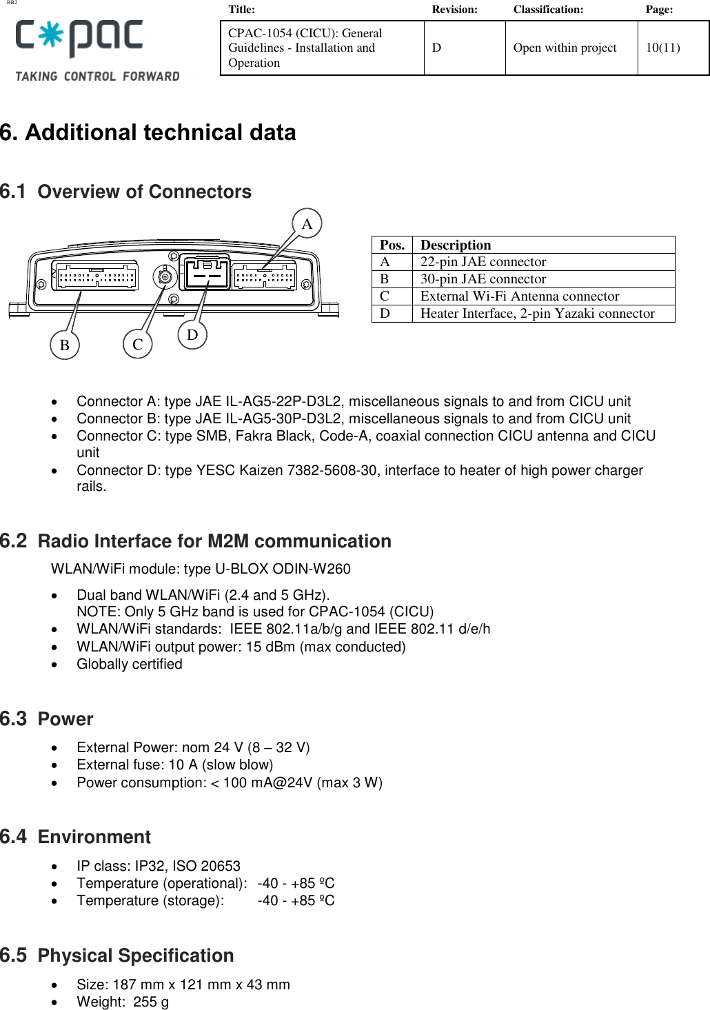 BB2    Title: Revision: Classification: Page: CPAC-1054 (CICU): General Guidelines - Installation and Operation D Open within project 10(11)   6. Additional technical data 6.1  Overview of Connectors     •  Connector A: type JAE IL-AG5-22P-D3L2, miscellaneous signals to and from CICU unit •  Connector B: type JAE IL-AG5-30P-D3L2, miscellaneous signals to and from CICU unit •  Connector C: type SMB, Fakra Black, Code-A, coaxial connection CICU antenna and CICU unit  •  Connector D: type YESC Kaizen 7382-5608-30, interface to heater of high power charger rails. 6.2  Radio Interface for M2M communication WLAN/WiFi module: type U-BLOX ODIN-W260   •  Dual band WLAN/WiFi (2.4 and 5 GHz).  NOTE: Only 5 GHz band is used for CPAC-1054 (CICU) •  WLAN/WiFi standards:  IEEE 802.11a/b/g and IEEE 802.11 d/e/h •  WLAN/WiFi output power: 15 dBm (max conducted) •  Globally certified 6.3  Power •  External Power: nom 24 V (8 – 32 V) •  External fuse: 10 A (slow blow) •  Power consumption: &lt; 100 mA@24V (max 3 W) 6.4  Environment •  IP class: IP32, ISO 20653 •  Temperature (operational):   -40 - +85 ºC •  Temperature (storage):   -40 - +85 ºC 6.5  Physical Specification  •  Size: 187 mm x 121 mm x 43 mm  •  Weight:  255 g Pos. Description A 22-pin JAE connector B 30-pin JAE connector C External Wi-Fi Antenna connector D Heater Interface, 2-pin Yazaki connector A B C D 