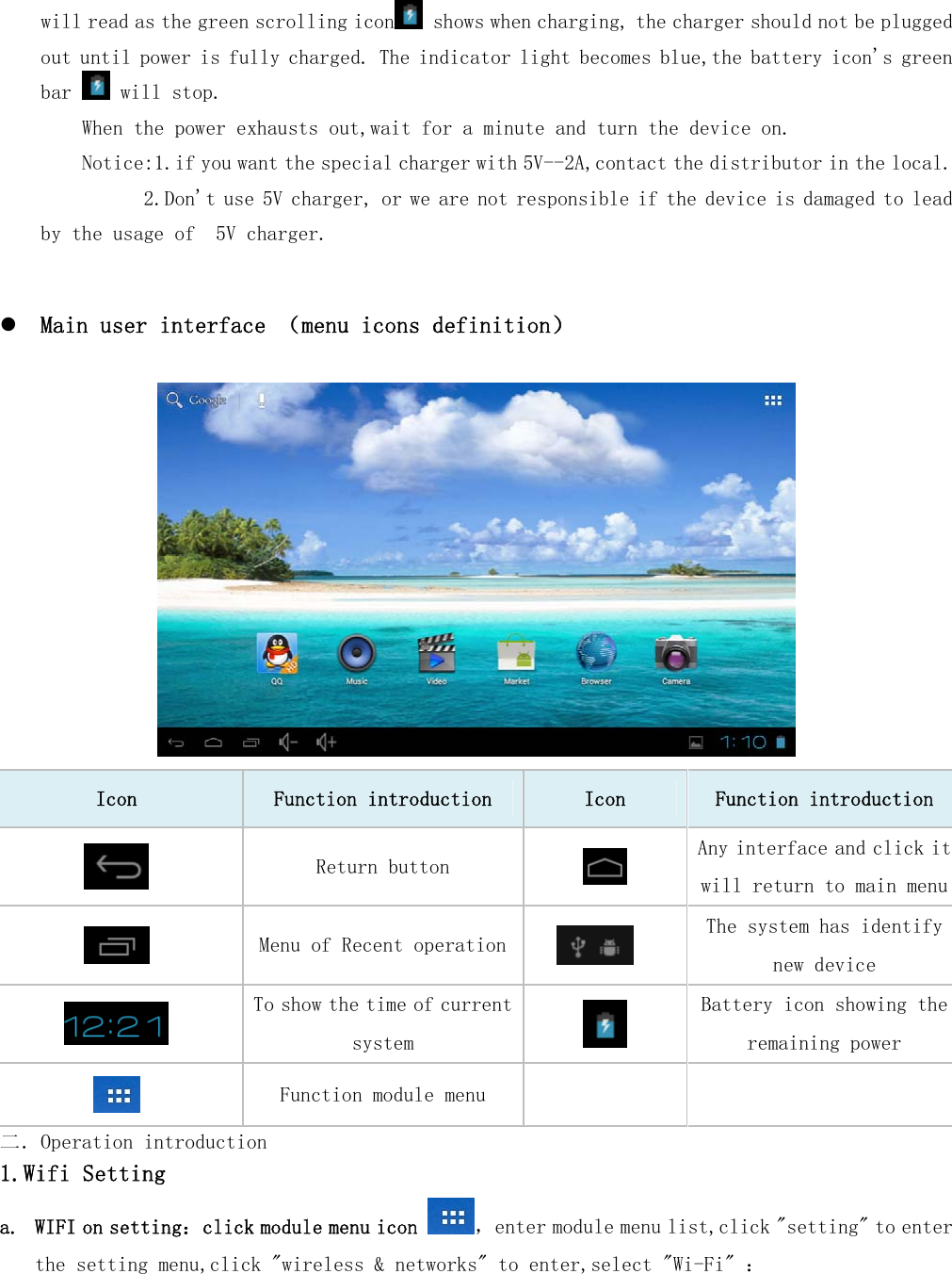   will read as the green scrolling icon  shows when charging, the charger should not be plugged out until power is fully charged. The indicator light becomes blue,the battery icon's green bar   will stop.  When the power exhausts out,wait for a minute and turn the device on. Notice:1.if you want the special charger with 5V--2A,contact the distributor in the local.       2.Don't use 5V charger, or we are not responsible if the device is damaged to lead by the usage of  5V charger.   z Main user interface （menu icons definition）   Icon  Function introduction  Icon  Function introduction  Return button   Any interface and click it will return to main menu Menu of Recent operation  The system has identify new device   To show the time of current system   Battery icon showing the remaining power  Function module menu    二．Operation introduction 1.Wifi Setting a. WIFI on setting：click module menu icon  ，enter module menu list,click "setting" to enter the setting menu,click "wireless &amp; networks" to enter,select "Wi-Fi" ： 