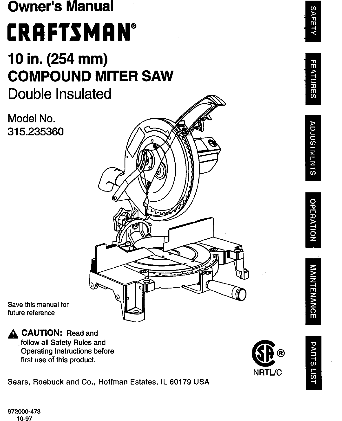 CRAFTSMAN Miter Saw Manual 98110089