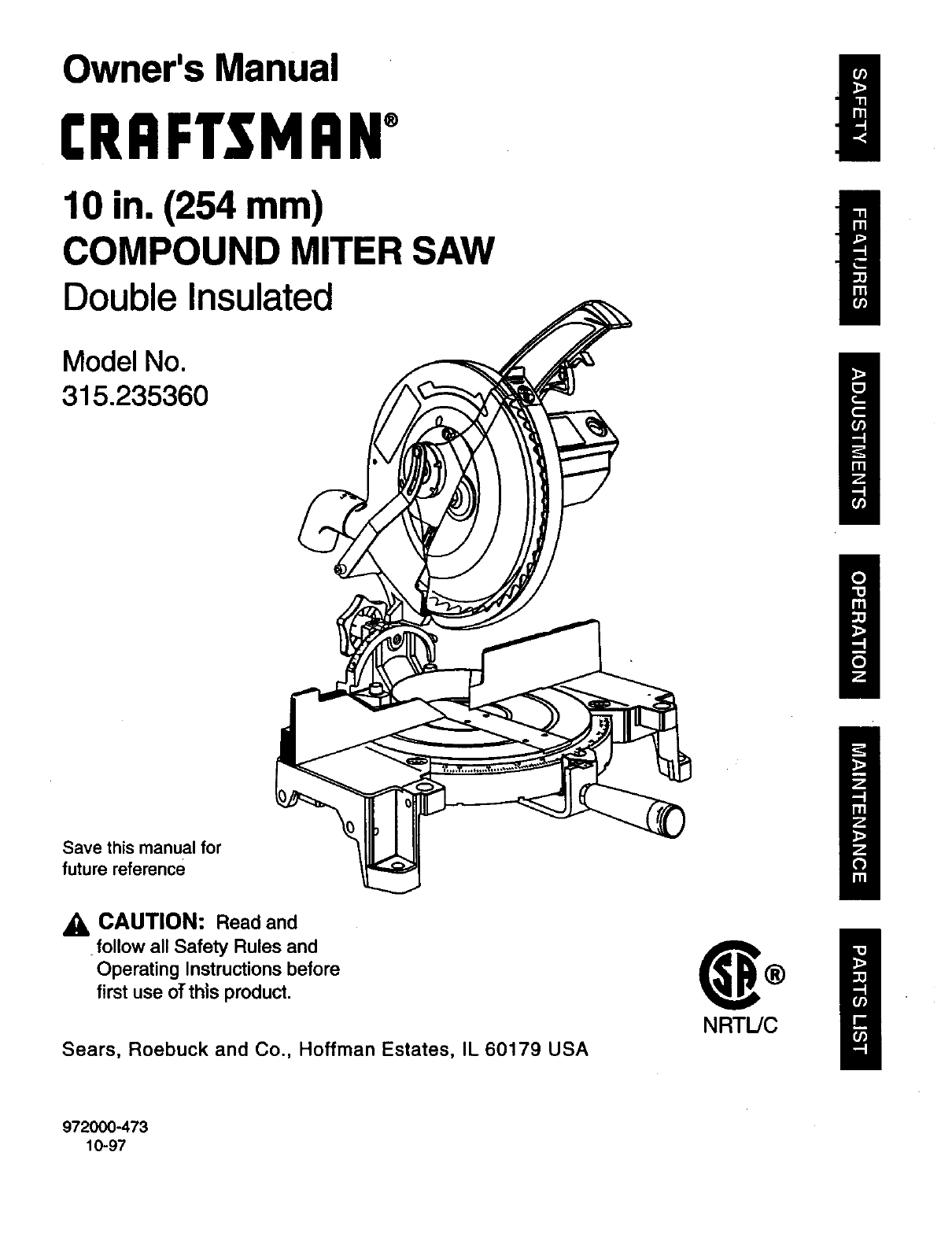 CRAFTSMAN Miter Saw Manual 98110089