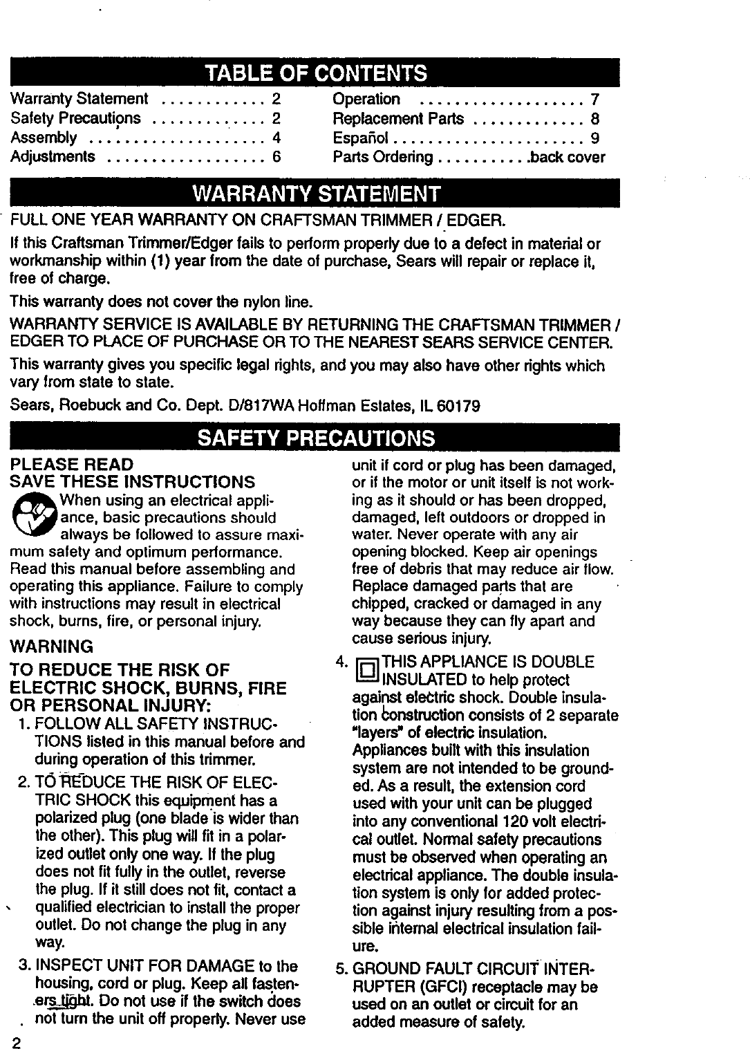 Page 2 of 8 - CRAFTSMAN  Edger Manual 98110102