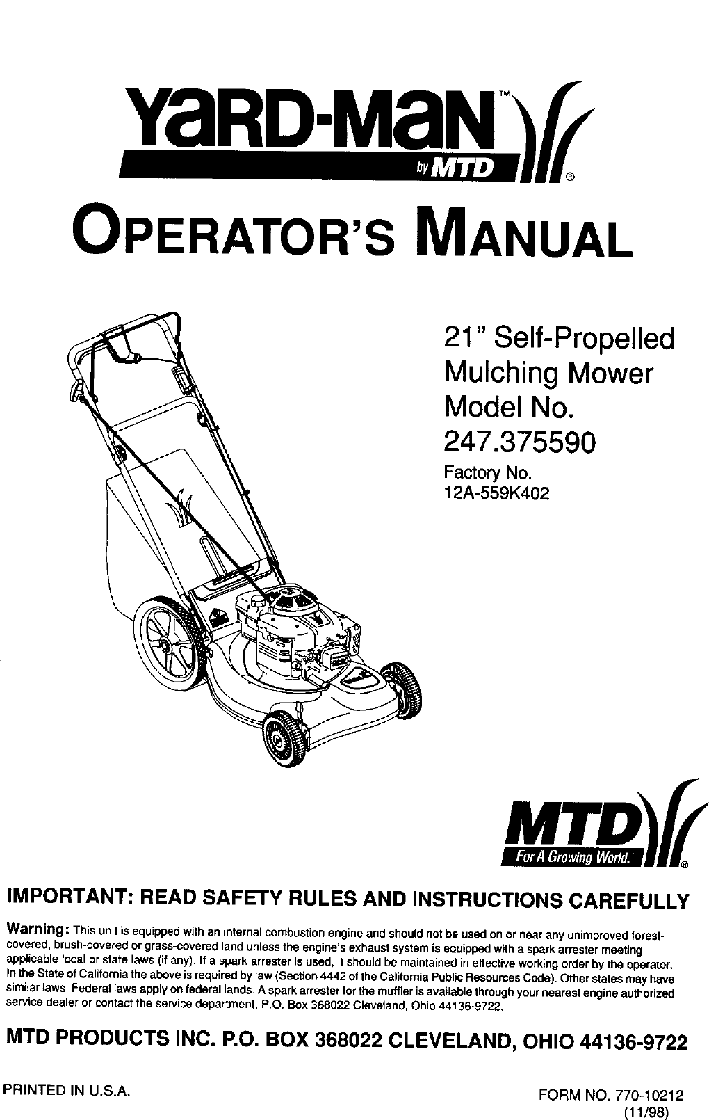 CRAFTSMAN Walk Behind Lawnmower, Gas Manual 99030654