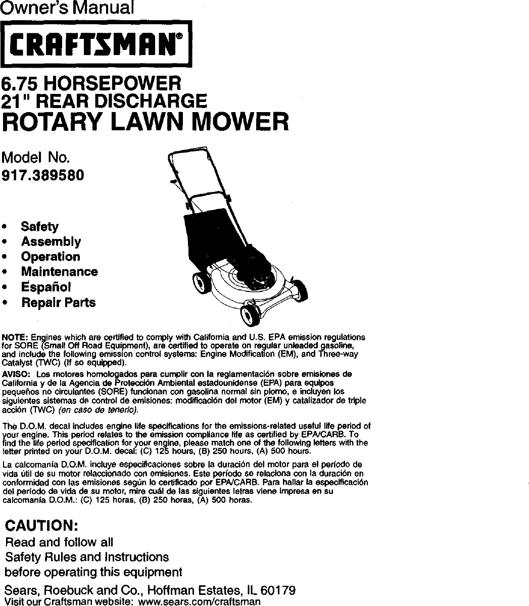 CRAFTSMAN Walk Behind Lawnmower, Gas Manual L0101154