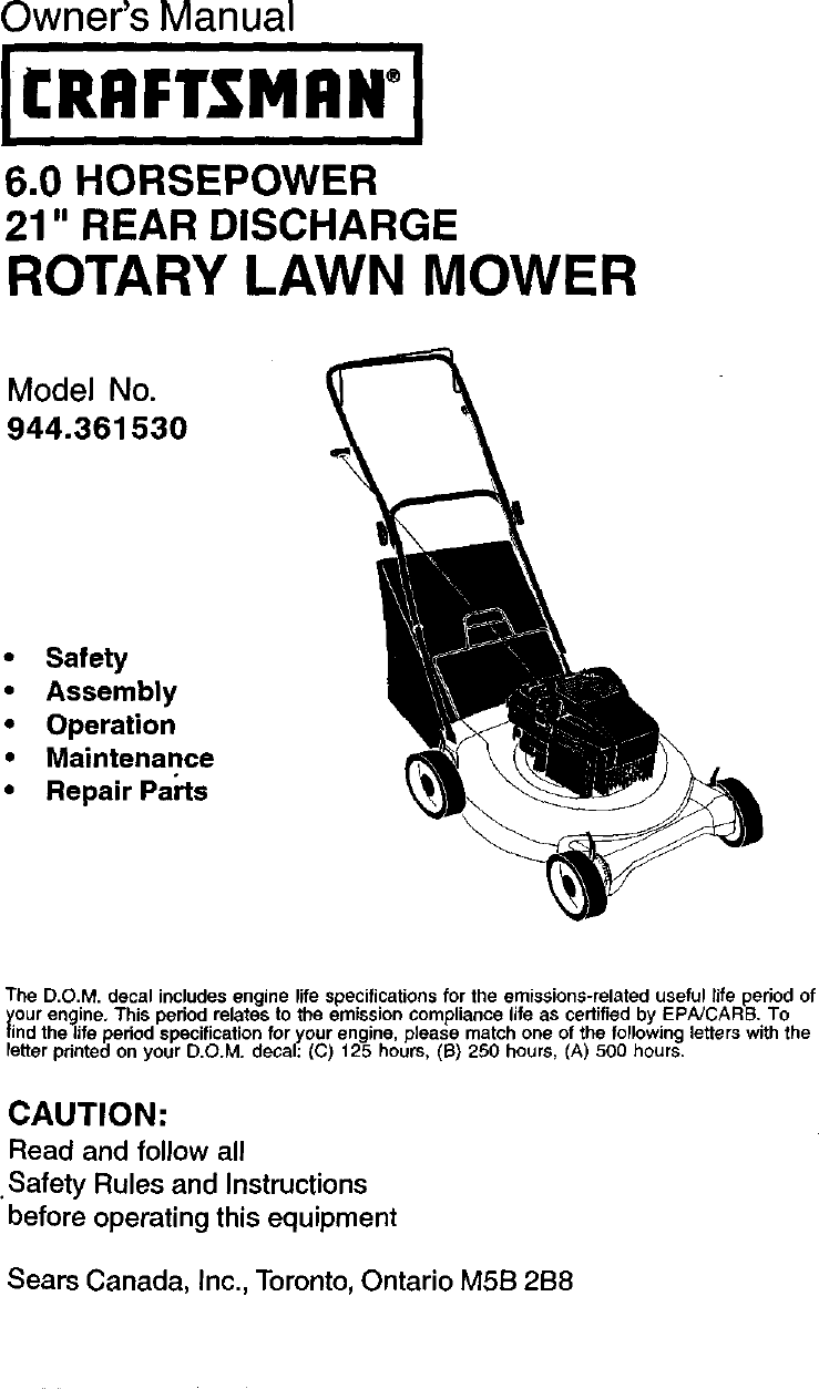 CRAFTSMAN Walk Behind Lawnmower, Gas Manual L0103071