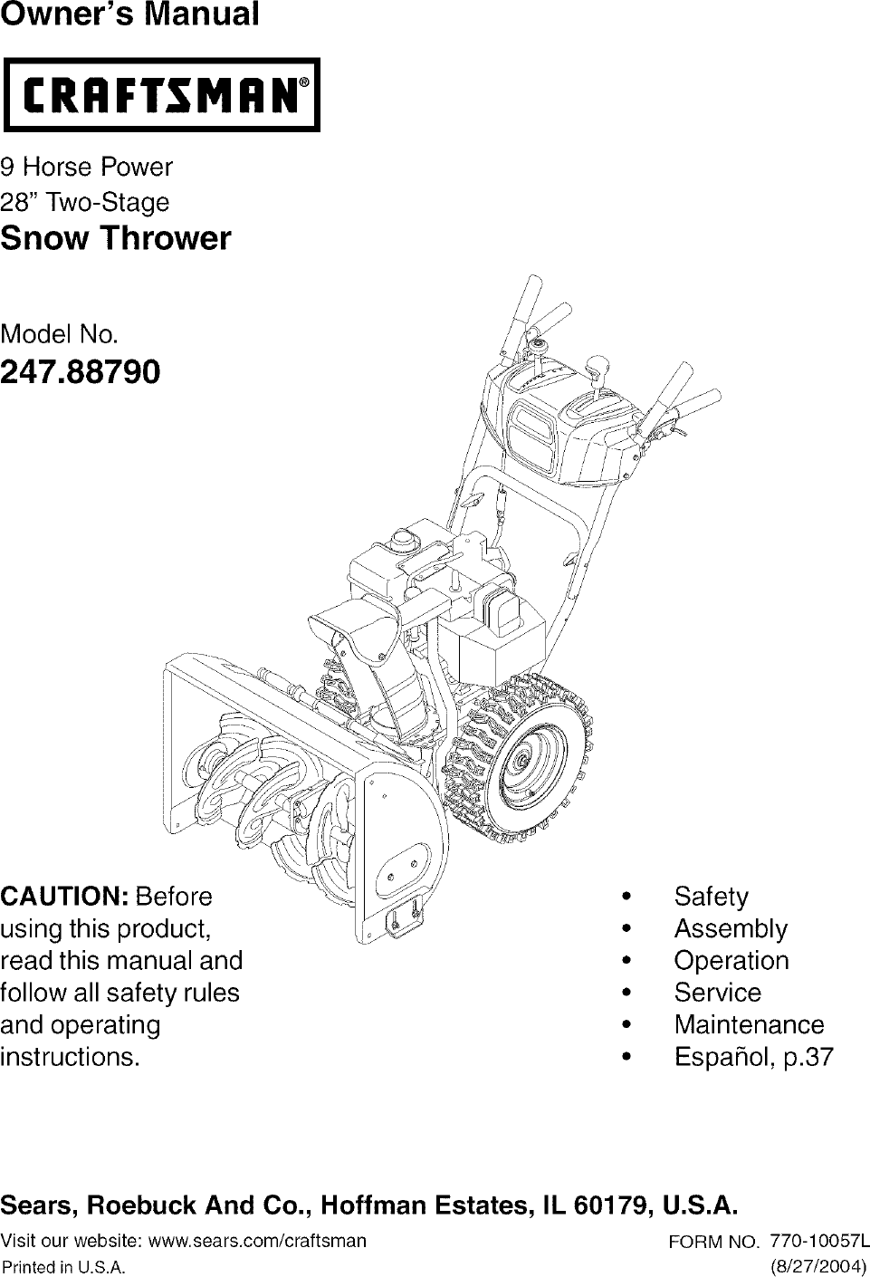 CRAFTSMAN Snowthrower, Gas Manual L0602008