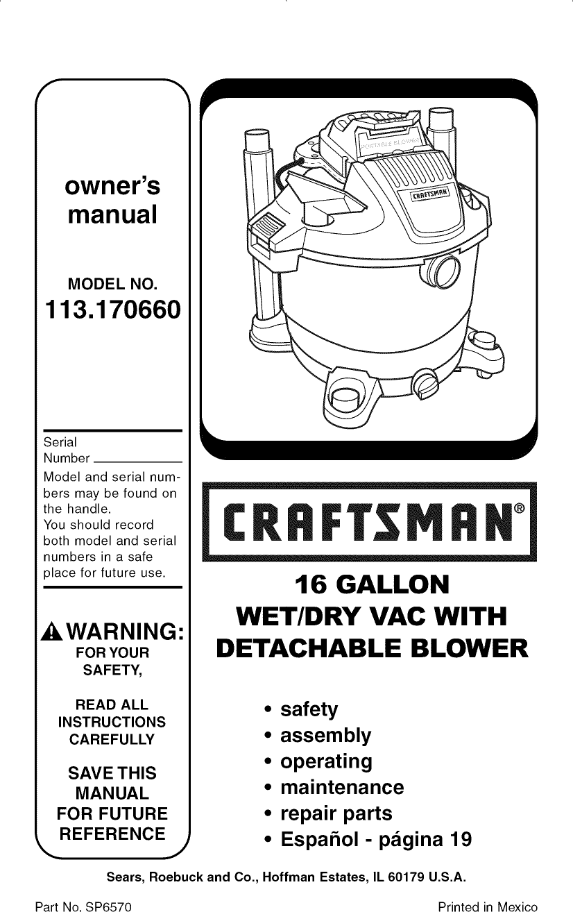 CRAFTSMAN Wet/Dry Vacuum Manual L0809086
