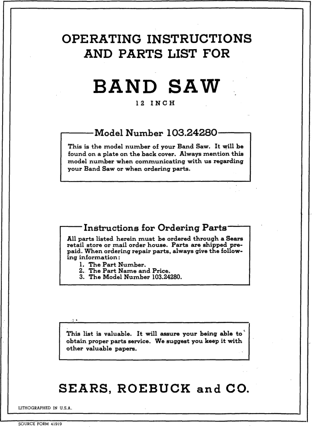 Craftsman 119224000 Band Saw Owner's Manual