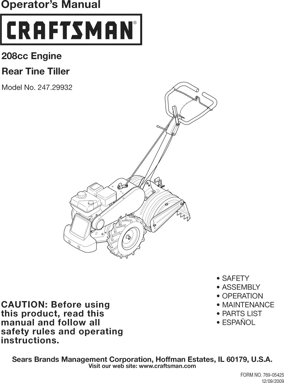 CRAFTSMAN Rear Tine, Gas Tiller Manual L1004247