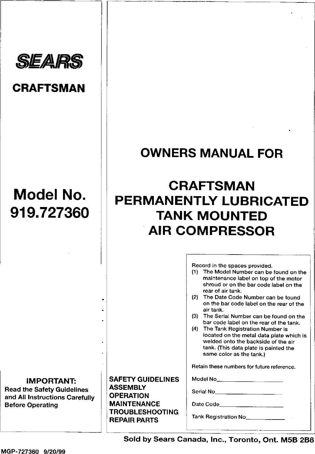 CRAFTSMAN Air Compressor Manual L9120135