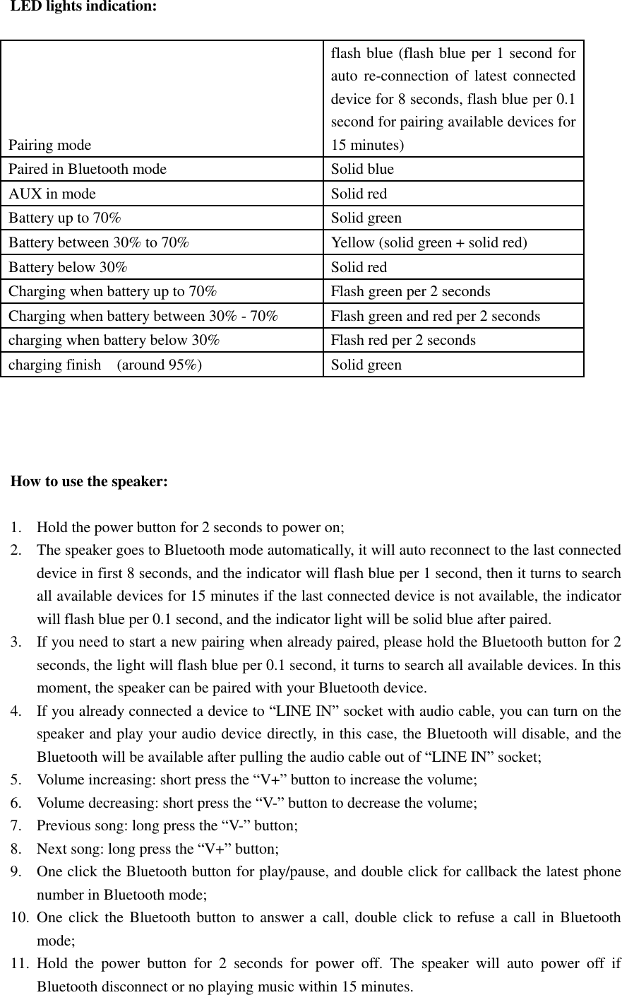 LED lights indication:  Pairing mode   flash blue (flash blue per 1 second for auto  re-connection  of  latest connected device for 8 seconds, flash blue per 0.1 second for pairing available devices for 15 minutes) Paired in Bluetooth mode   Solid blue AUX in mode   Solid red Battery up to 70% Solid green Battery between 30% to 70% Yellow (solid green + solid red) Battery below 30% Solid red Charging when battery up to 70%   Flash green per 2 seconds   Charging when battery between 30% - 70% Flash green and red per 2 seconds charging when battery below 30% Flash red per 2 seconds charging finish    (around 95%) Solid green      How to use the speaker:  1. Hold the power button for 2 seconds to power on; 2. The speaker goes to Bluetooth mode automatically, it will auto reconnect to the last connected device in first 8 seconds, and the indicator will flash blue per 1 second, then it turns to search all available devices for 15 minutes if the last connected device is not available, the indicator will flash blue per 0.1 second, and the indicator light will be solid blue after paired.   3. If you need to start a new pairing when already paired, please hold the Bluetooth button for 2 seconds, the light will flash blue per 0.1 second, it turns to search all available devices. In this moment, the speaker can be paired with your Bluetooth device. 4. If you already connected a device to “LINE IN” socket with audio cable, you can turn on the speaker and play your audio device directly, in this case, the Bluetooth will disable, and the Bluetooth will be available after pulling the audio cable out of “LINE IN” socket; 5. Volume increasing: short press the “V+” button to increase the volume; 6. Volume decreasing: short press the “V-” button to decrease the volume; 7. Previous song: long press the “V-” button; 8. Next song: long press the “V+” button; 9. One click the Bluetooth button for play/pause, and double click for callback the latest phone number in Bluetooth mode; 10. One click the Bluetooth button to answer a  call, double click to refuse a call in Bluetooth mode; 11. Hold  the  power  button  for  2  seconds  for  power  off.  The  speaker  will  auto  power  off  if Bluetooth disconnect or no playing music within 15 minutes.  